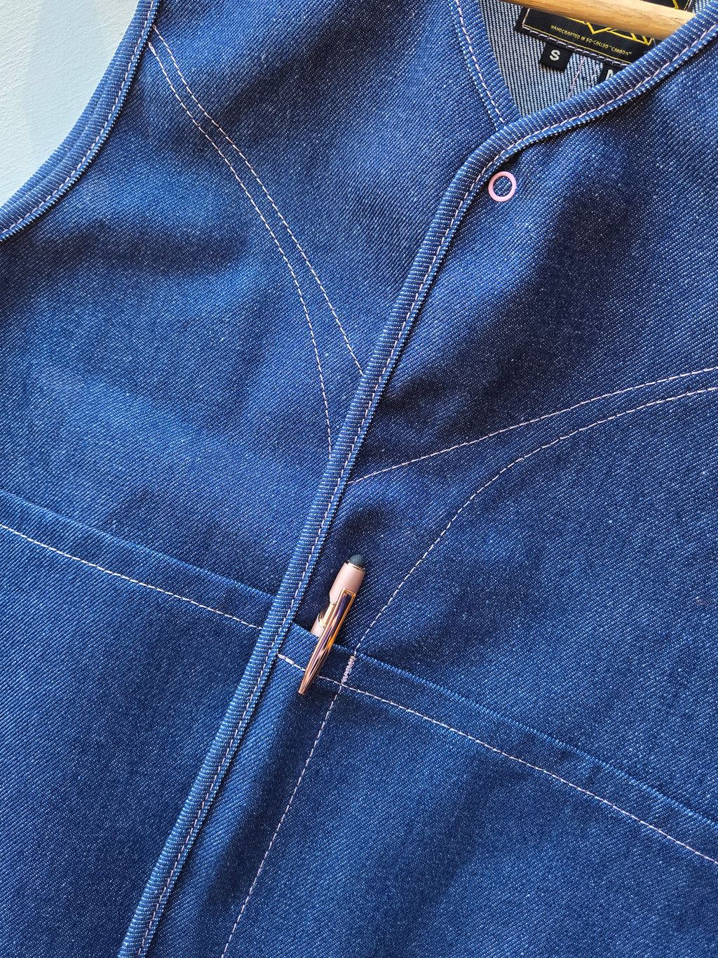 Old Fashioned Standards - Y Vest - Dark Denim - front slit pocket with pen showing