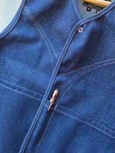 Load image into Gallery viewer, Old Fashioned Standards - Y Vest - Dark Denim - front slit pocket with pen showing
