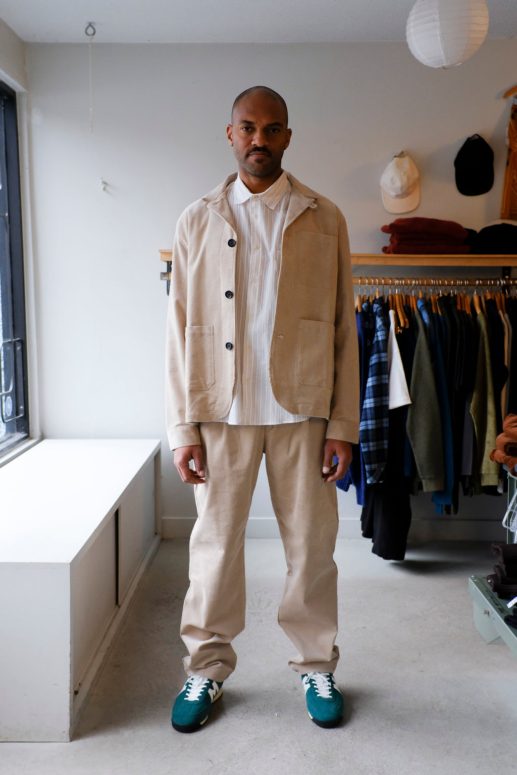 Oliver Spencer - Belted Trousers - Beige (Sibley Cord) - front, full body, collar down