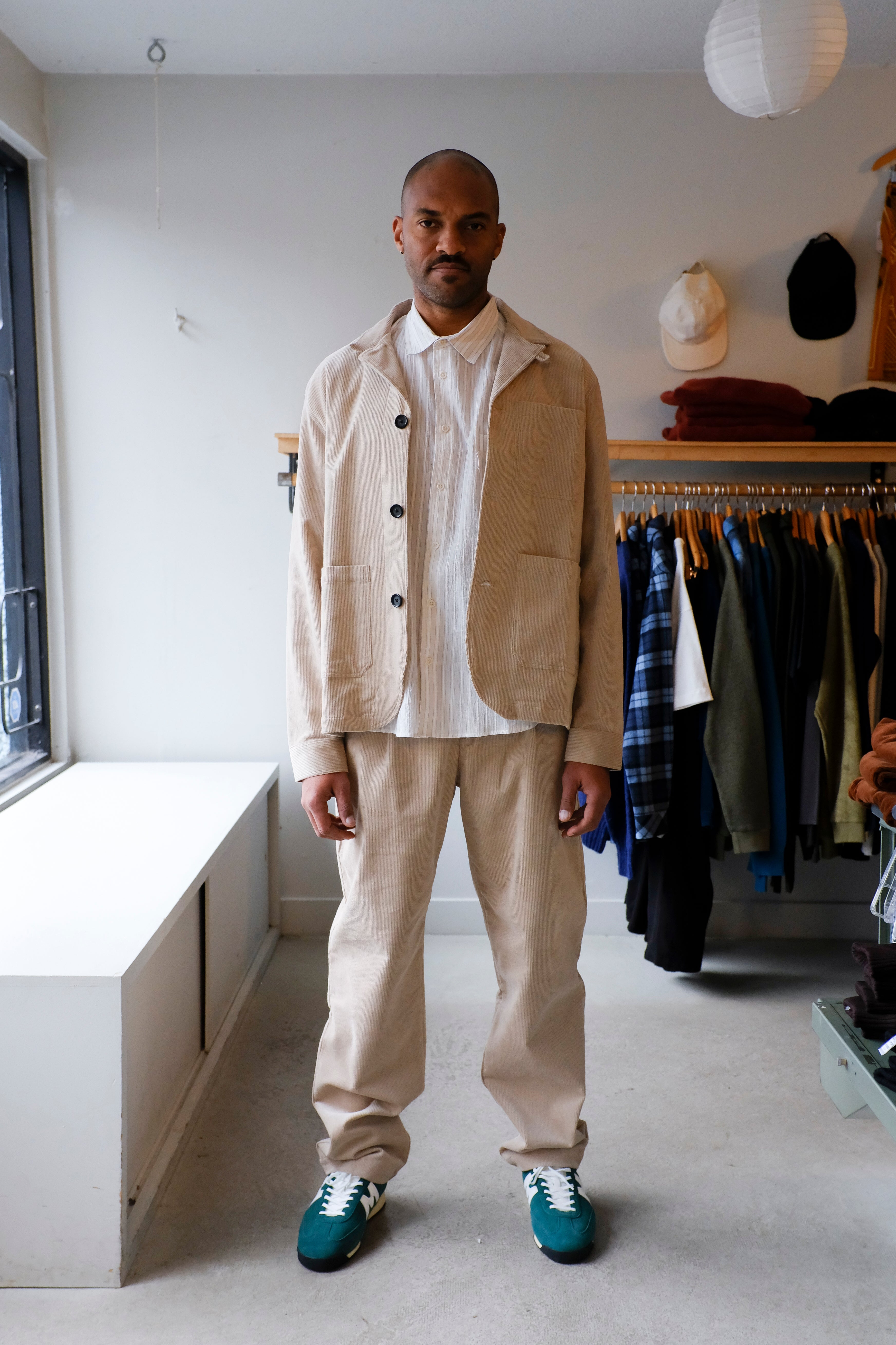 Oliver Spencer - Belted Trousers - Beige (Sibley Cord) - front, full body, collar down