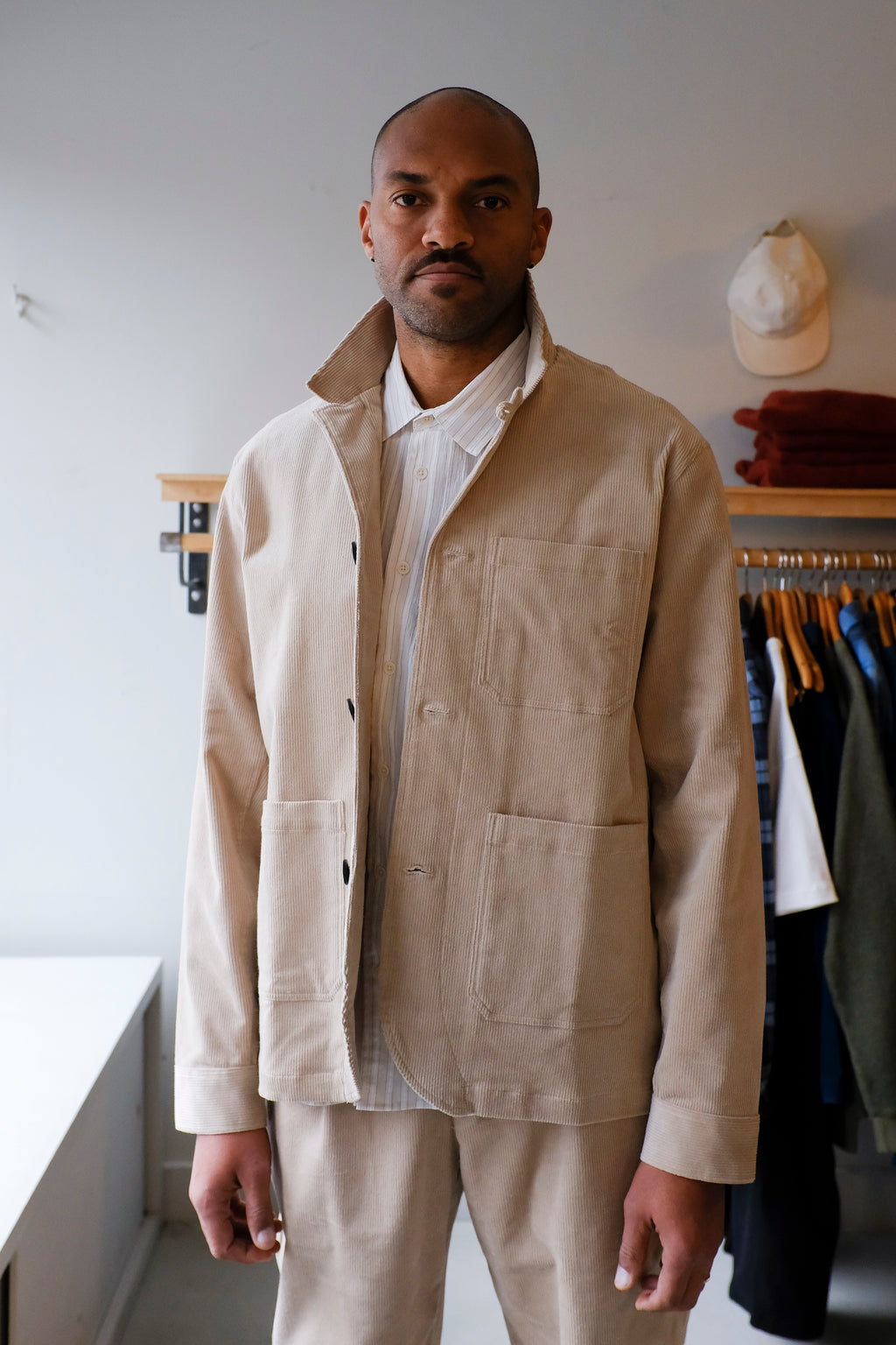 Oliver Spencer - Bradwell Jacket - Beige (Sibley Cord) - front, collar up