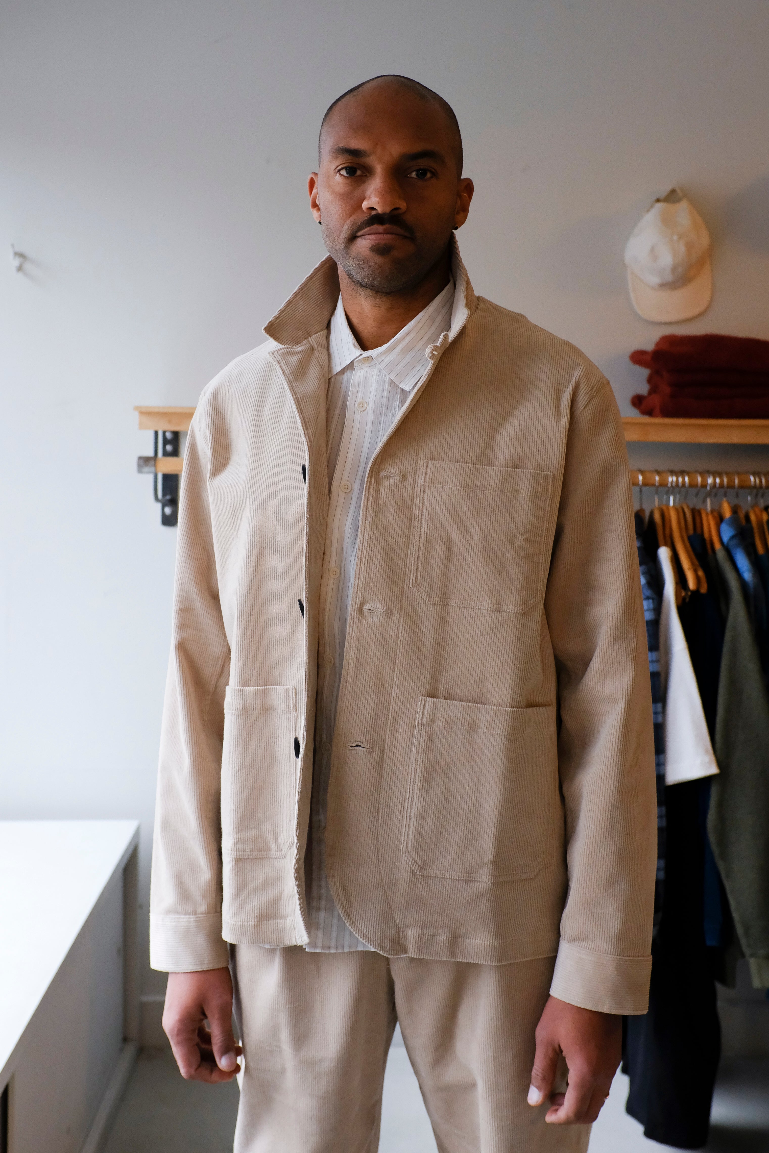 Oliver Spencer - Bradwell Jacket - Beige (Sibley Cord) - front, collar up