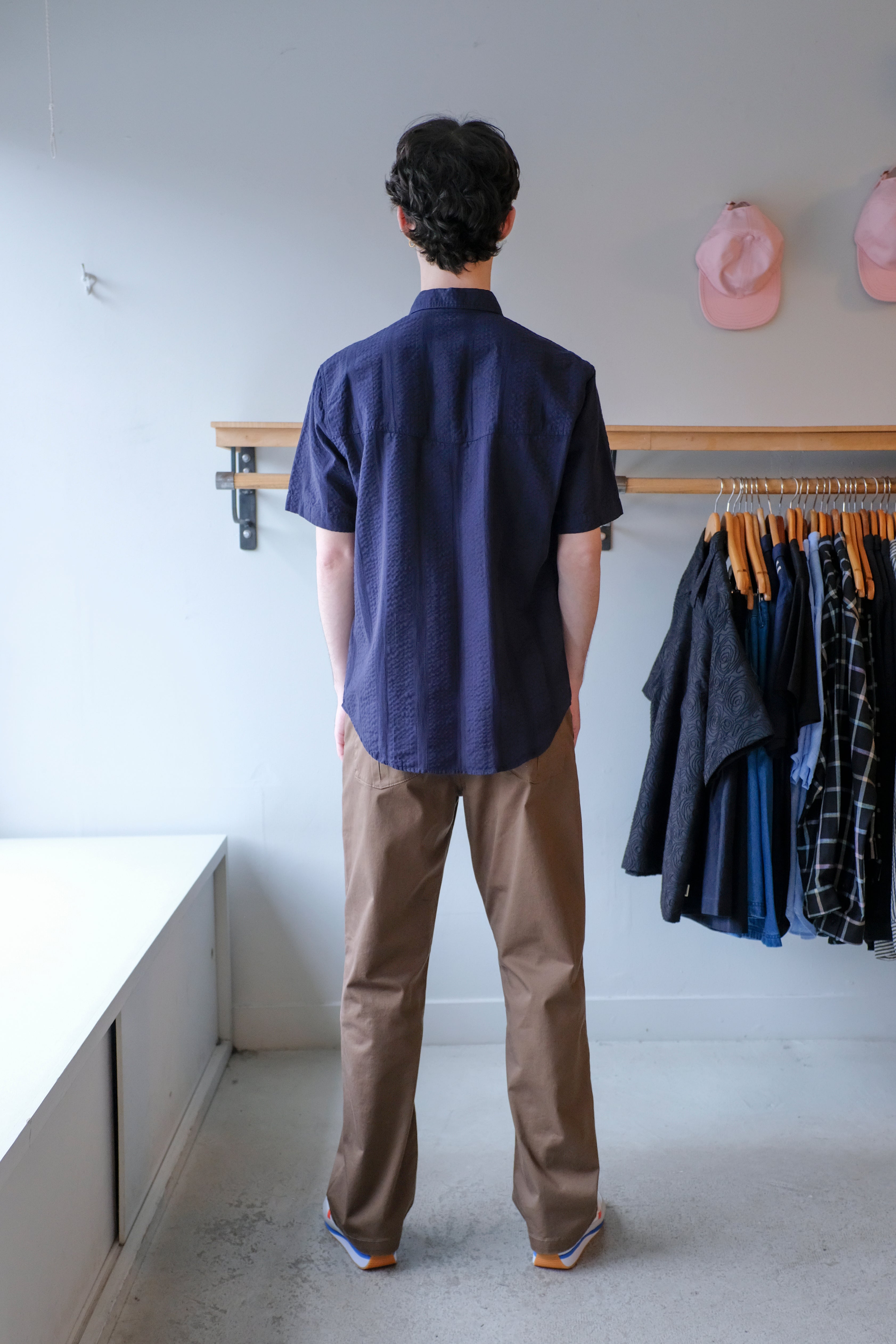 Oliver Spencer - Quito Short Sleeve Shirt - Navy (Phaidon) - back
Oliver Spencer - Utility Trousers - Beige (Tomlin) - back