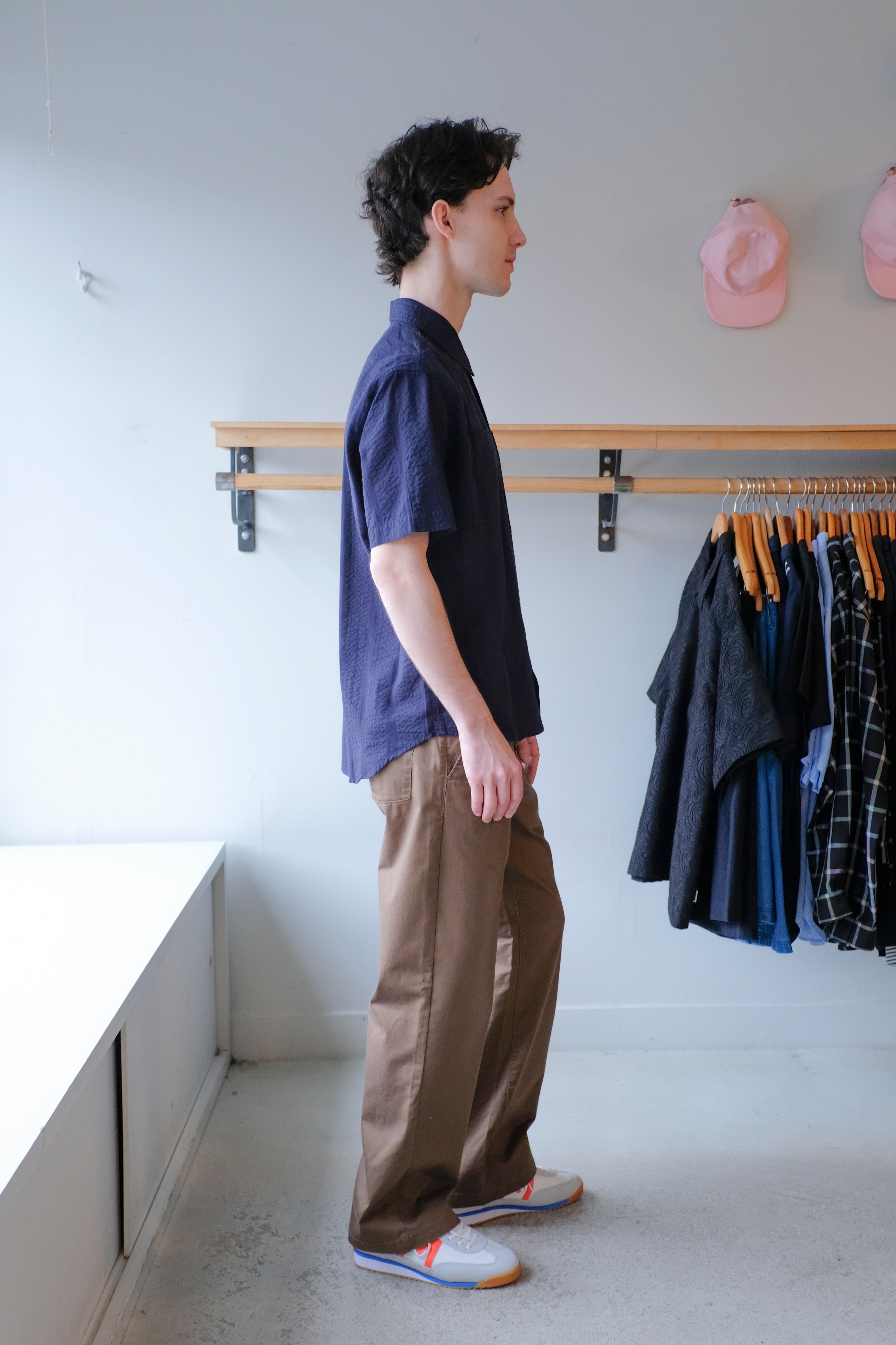Oliver Spencer - Quito Short Sleeve Shirt - Navy (Phaidon) - side
Oliver Spencer - Utility Trousers - Beige (Tomlin) - side