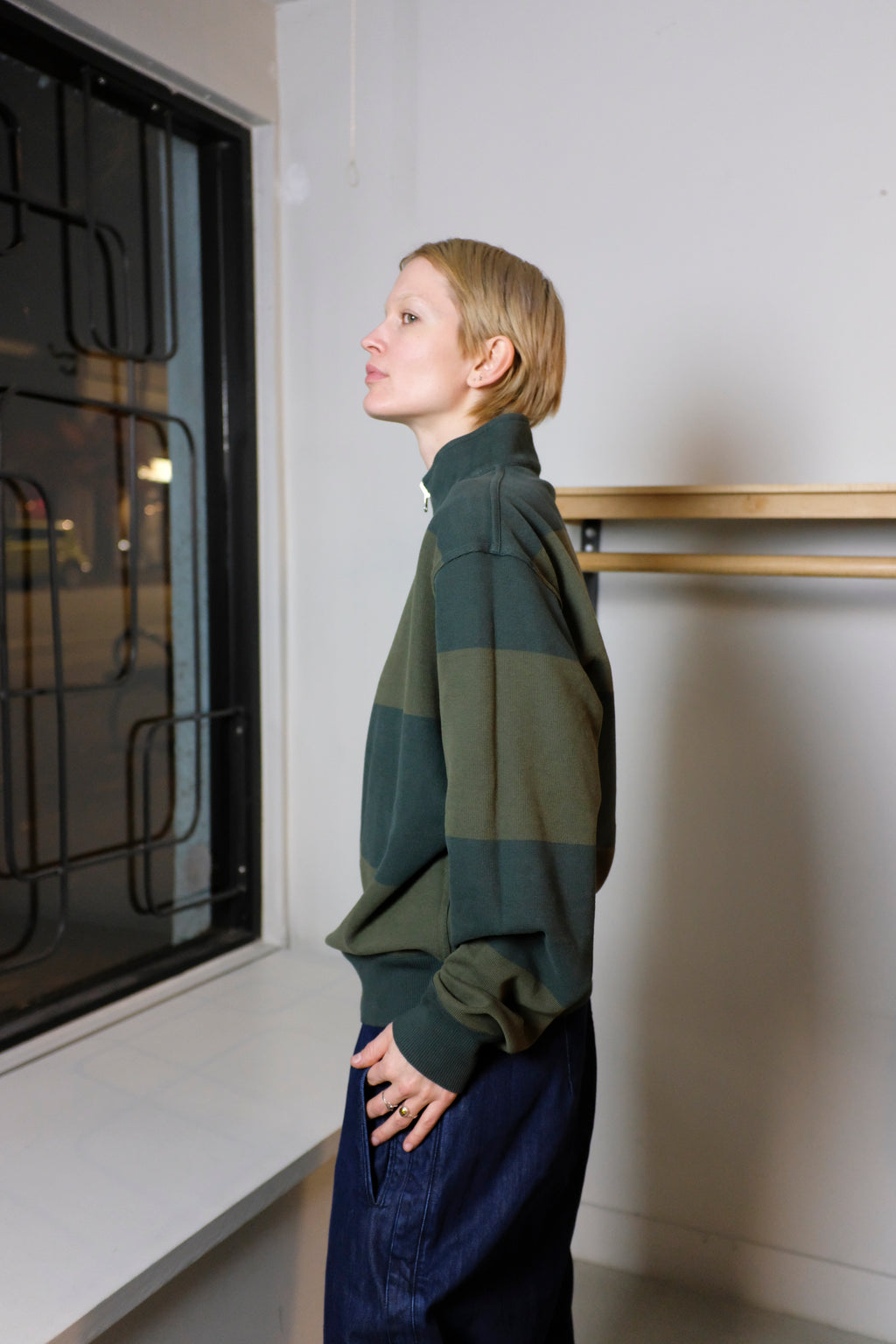 Oliver Spencer - Reversible Half Zip Sweatshirt - Green/Moss Green (Latimer) - side stripes