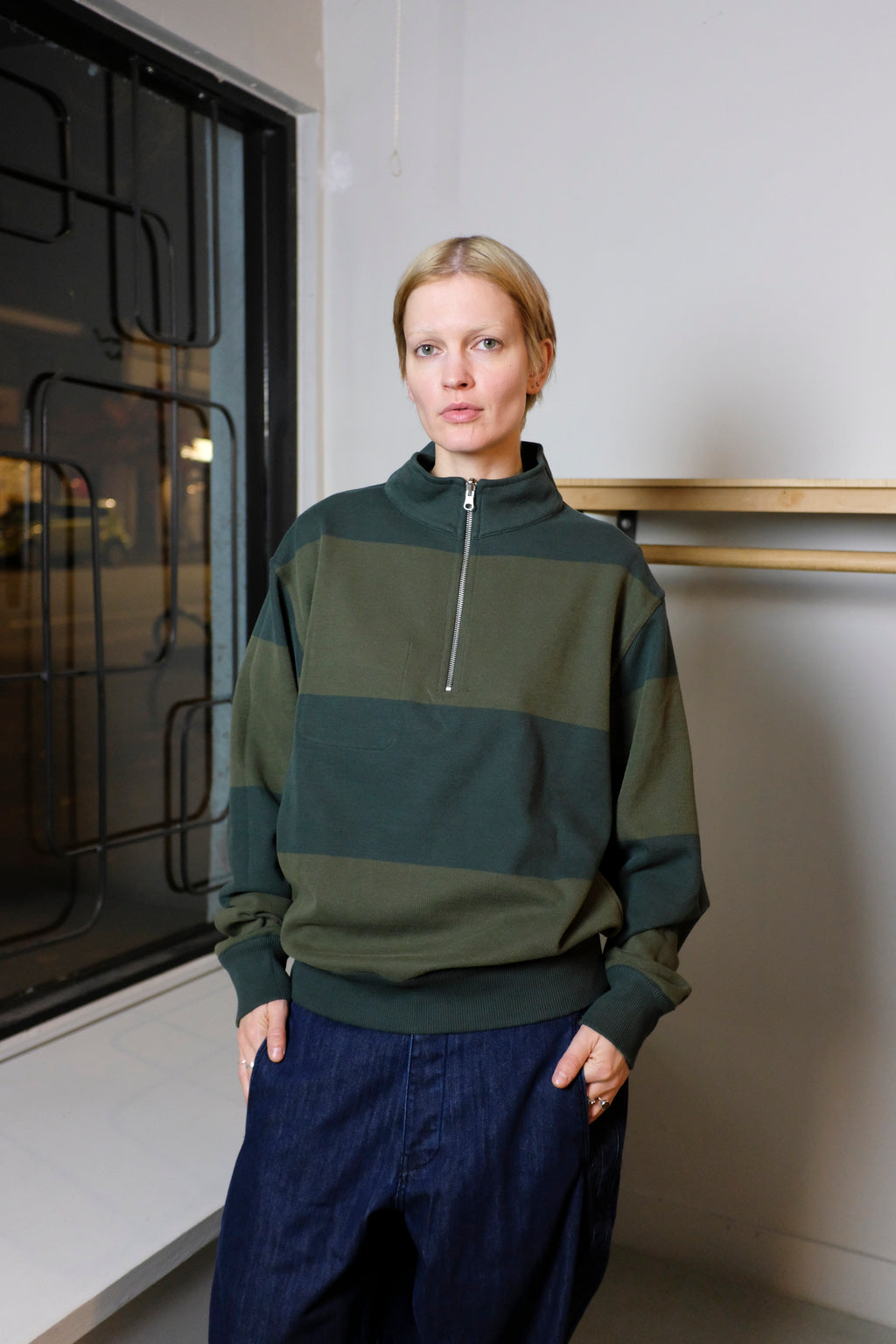 Oliver Spencer - Reversible Half Zip Sweatshirt - Green/Moss Green (Latimer) - front stripes