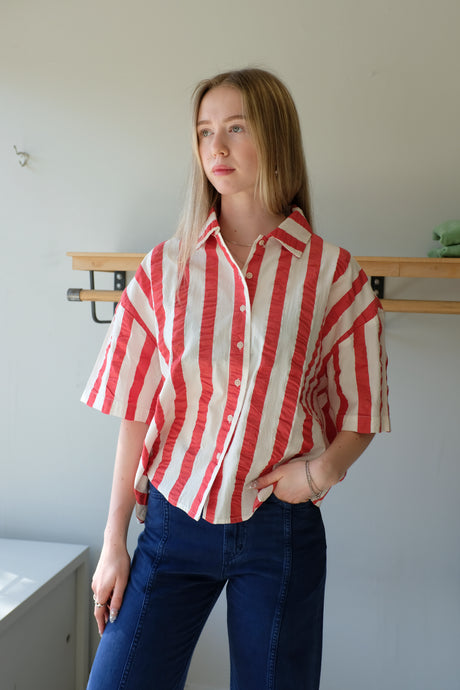 thinking Mu - Anna Blouse - Red Maxi Stripes - front