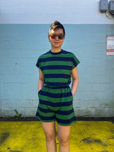 Load image into Gallery viewer, Thinking Mu - Voltaire Jumpsuit - Blue Green Stripes - front
