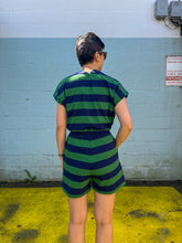 Load image into Gallery viewer, Thinking Mu - Voltaire Jumpsuit - Blue Green Stripes - back
