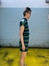 Load image into Gallery viewer, Thinking Mu - Voltaire Jumpsuit - Blue Green Stripes - side
