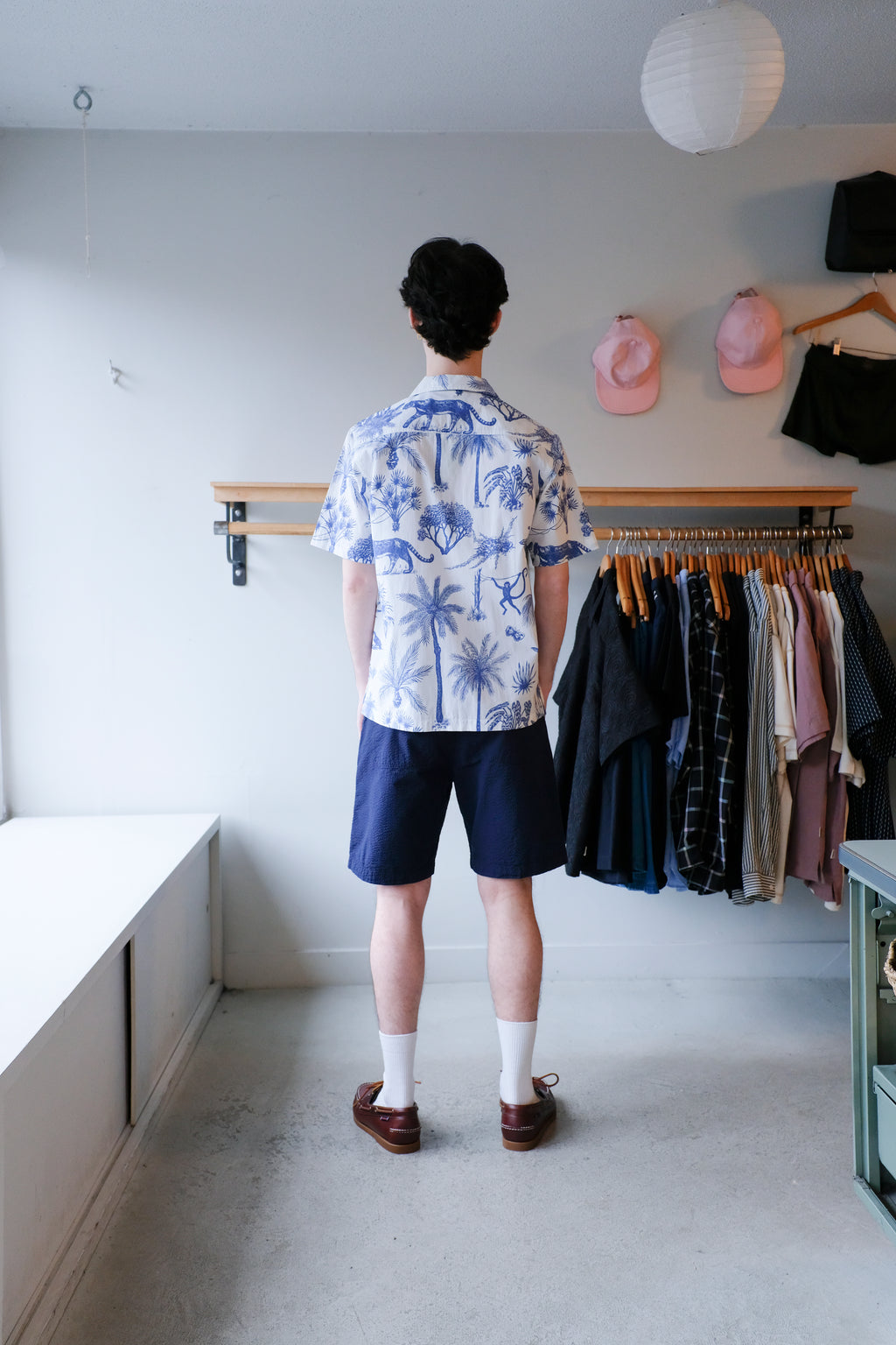 Universal Works Camp Shirt - White Toile Poplin
 - Clean Short - Navy Derby Stripe - back