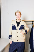 Load image into Gallery viewer, Universal Works - Langdale Cardigan - Sand/Navy Stripe - flat front
