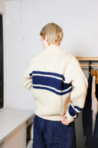 Universal Works - Langdale Cardigan - Sand/Navy Stripe - flat back