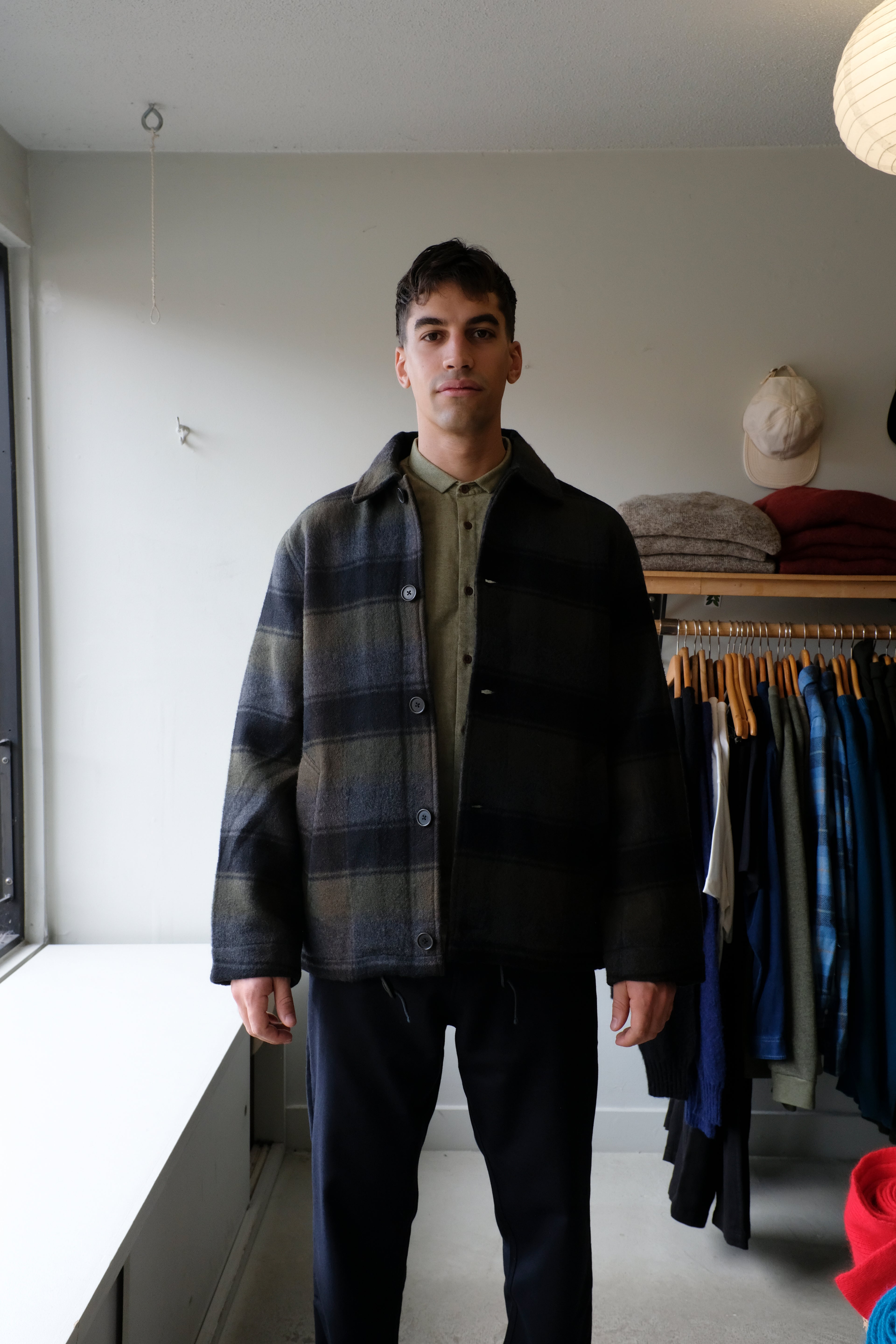 Universal Works - Wayfarer Jacket - Black/Brown Check - flat front