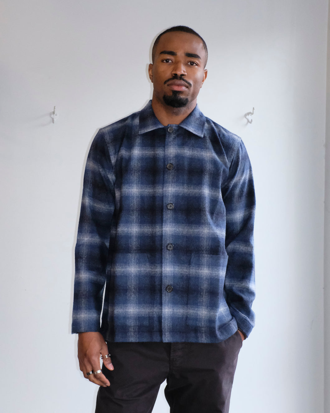 Universal Works - Easy Over Jacket - Navy Check - front