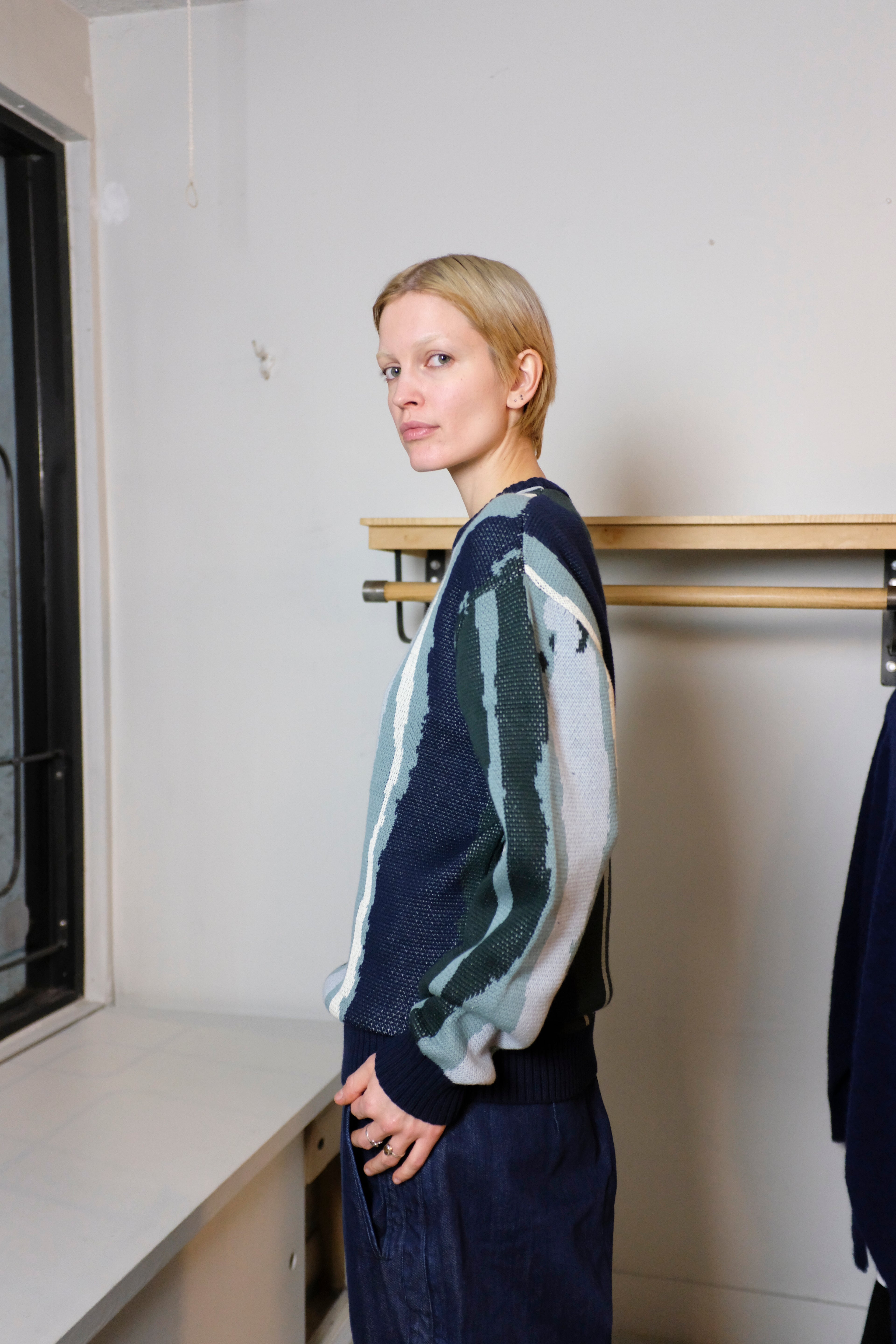 Wemoto - Johnson Crew Sweater - Navy Blue/Dark Green - flat side 