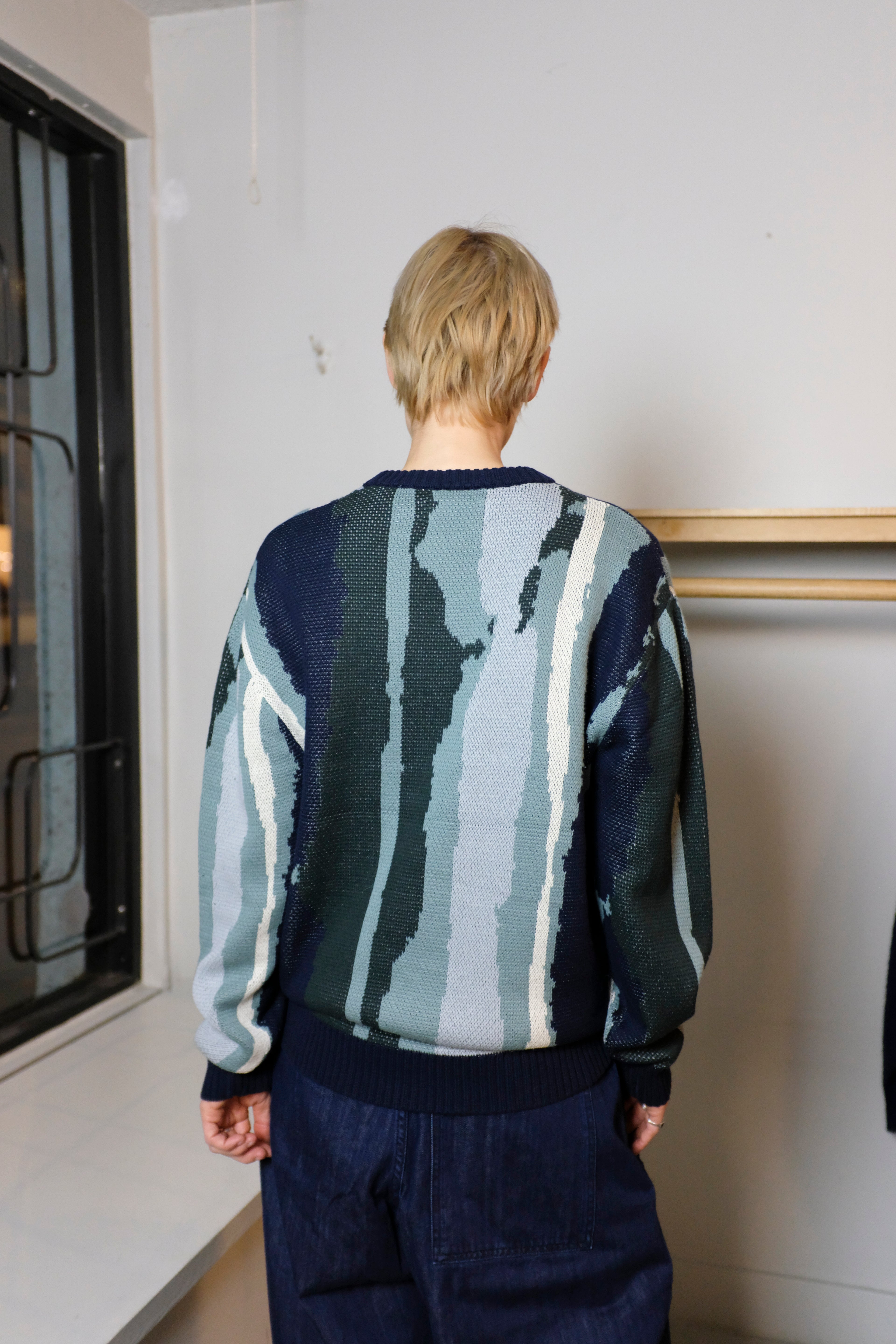 Wemoto - Johnson Crew Sweater - Navy Blue/Dark Green - flat back