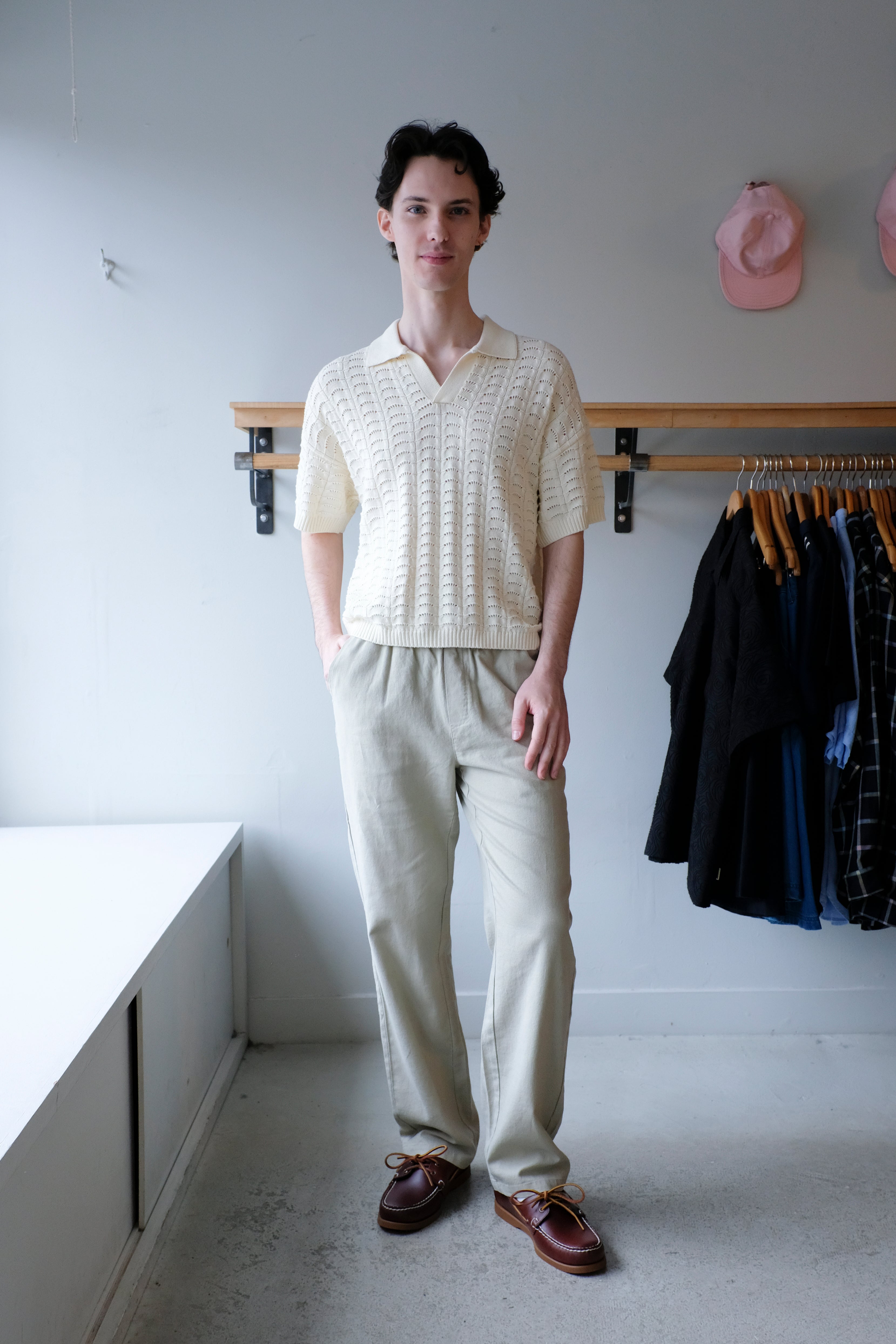 Woodbird - Shimo Wave Polo - Off-White - Eik Linen Pants - Stone - front