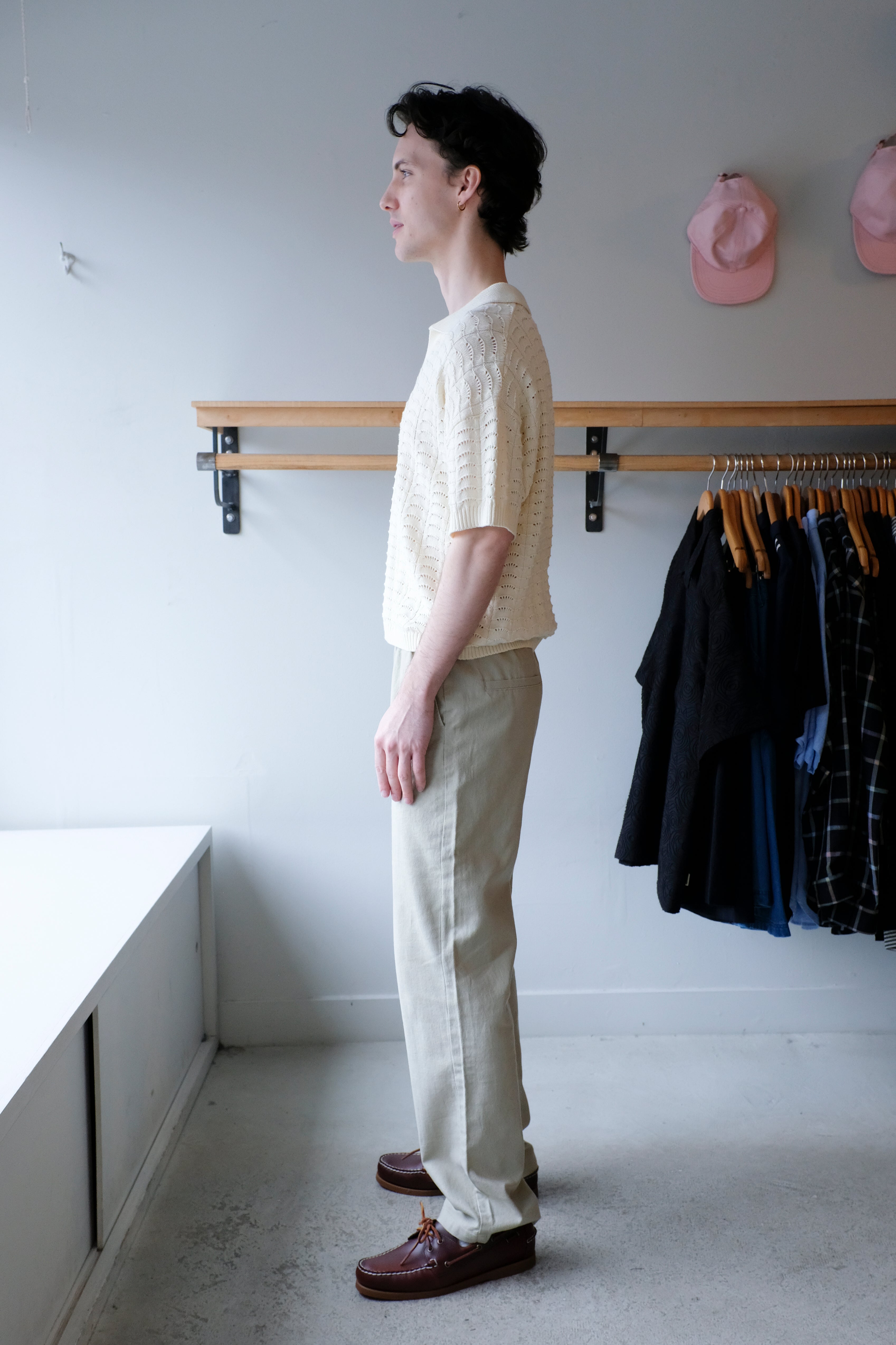 Woodbird - Shimo Wave Polo - Off-White -  Eik Linen Pants - Stone - side