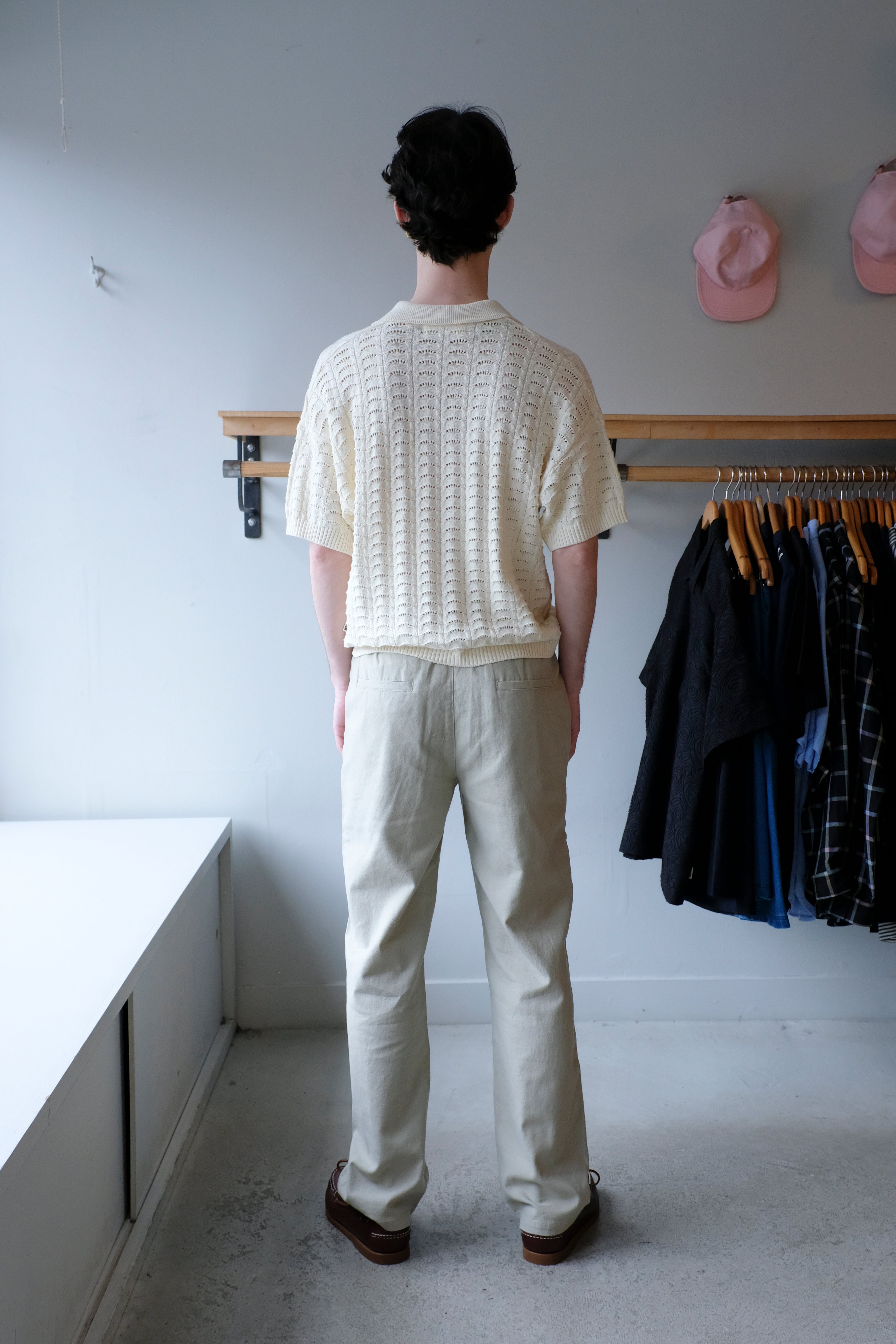 Woodbird - Shimo Wave Polo - Off-White - back- Eik Linen Pants - Stone - back