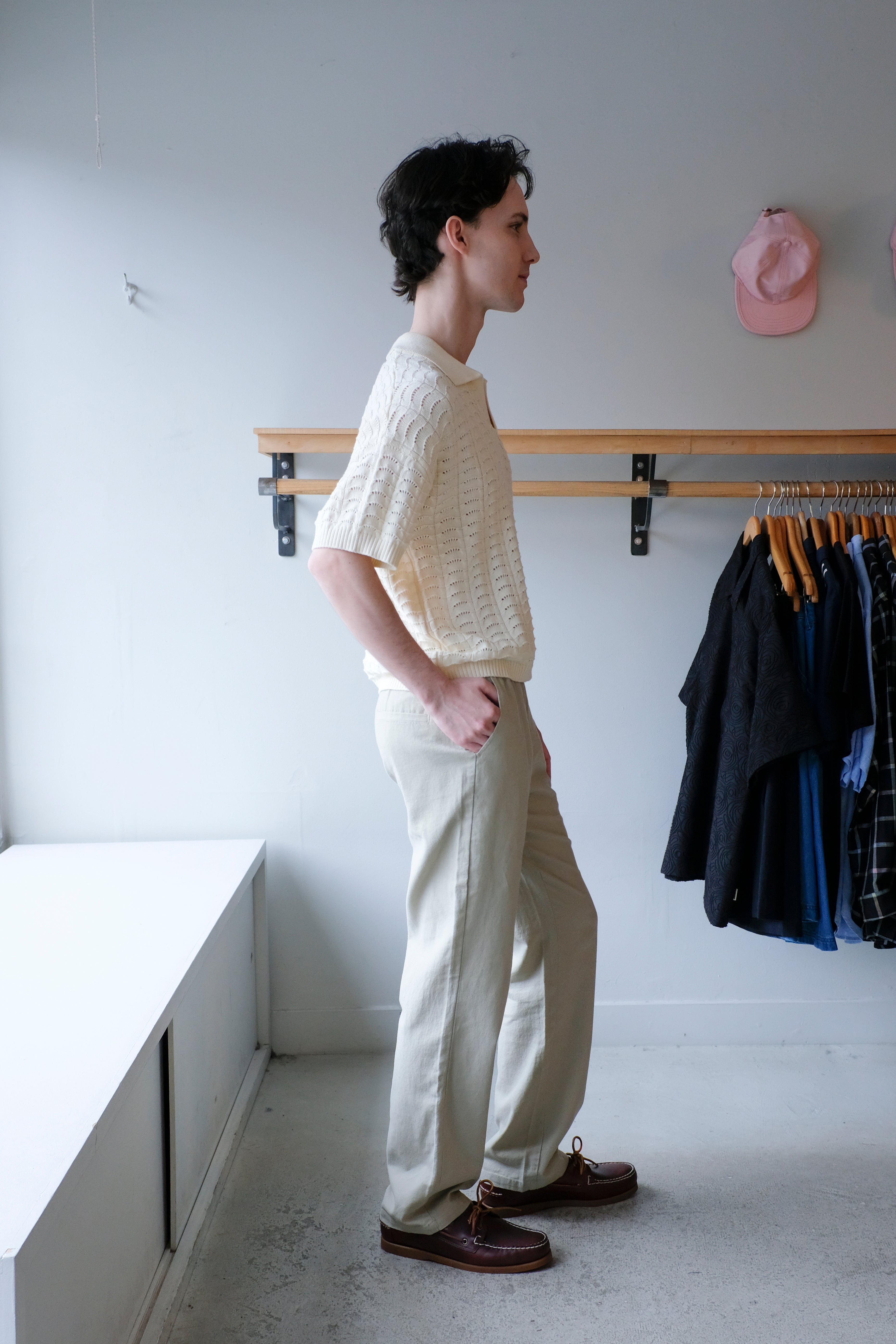 Woodbird - Shimo Wave Polo - Off-White - Eik Linen Pants - Stone - side