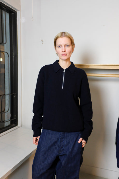 Woodbird - Fang Half Zip Knit Sweater - Black - flat front