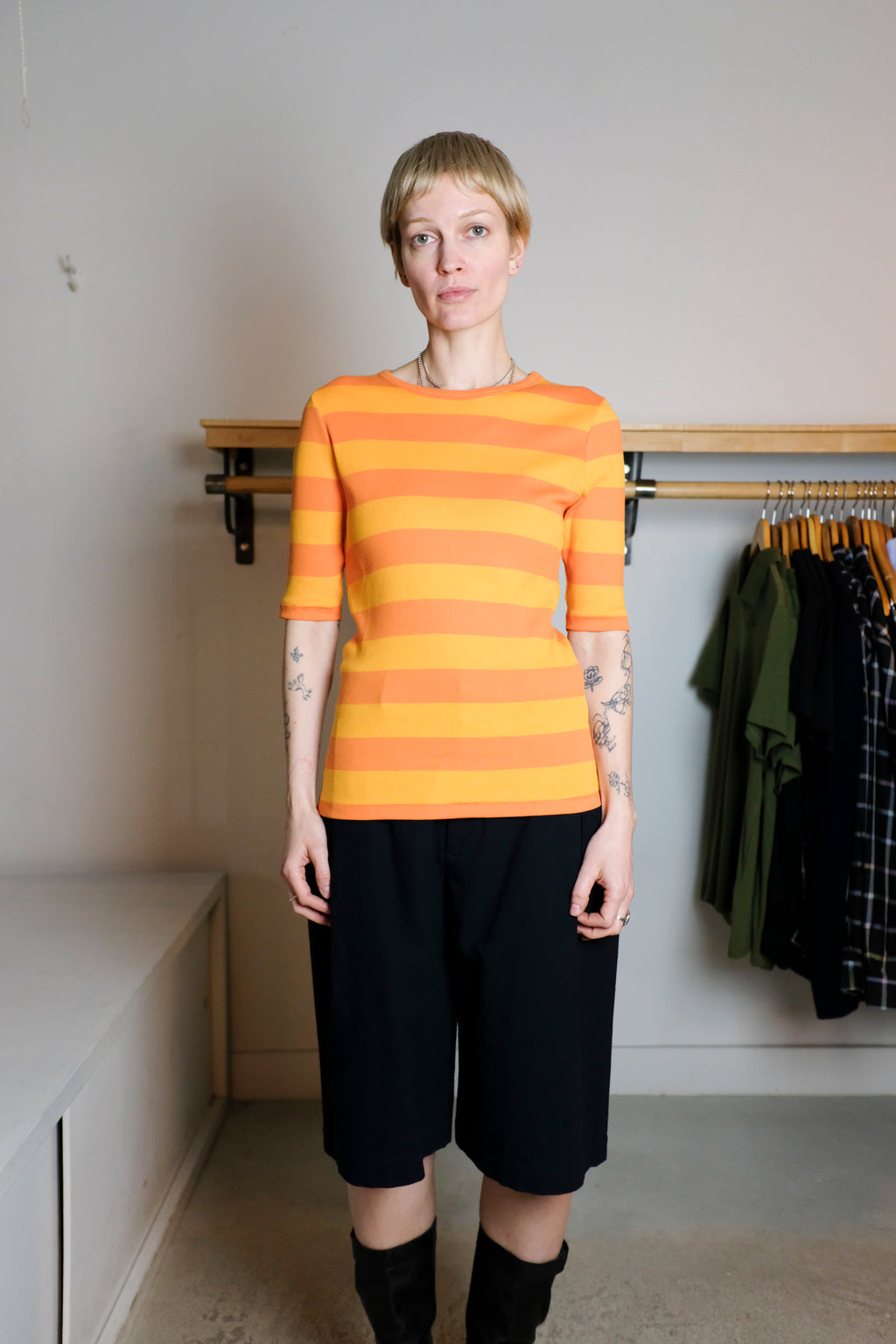 YMC - Charlotte Short Sleeve Top - Orange/Yellow Stripes - Front
