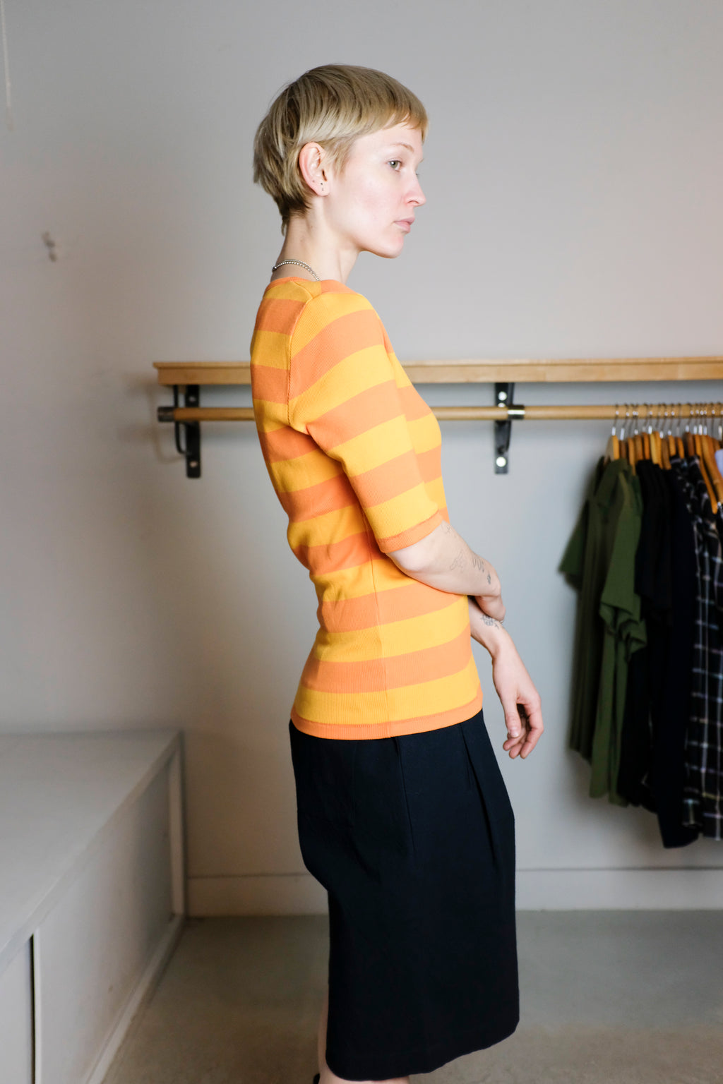 YMC - Charlotte Short Sleeve Top - Orange/Yellow Stripes - Side