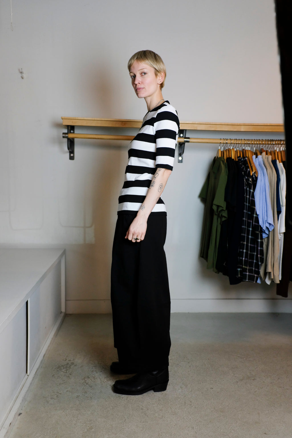 YMC - Charlotte Short Sleeve Top - Black/White Stripes - Side