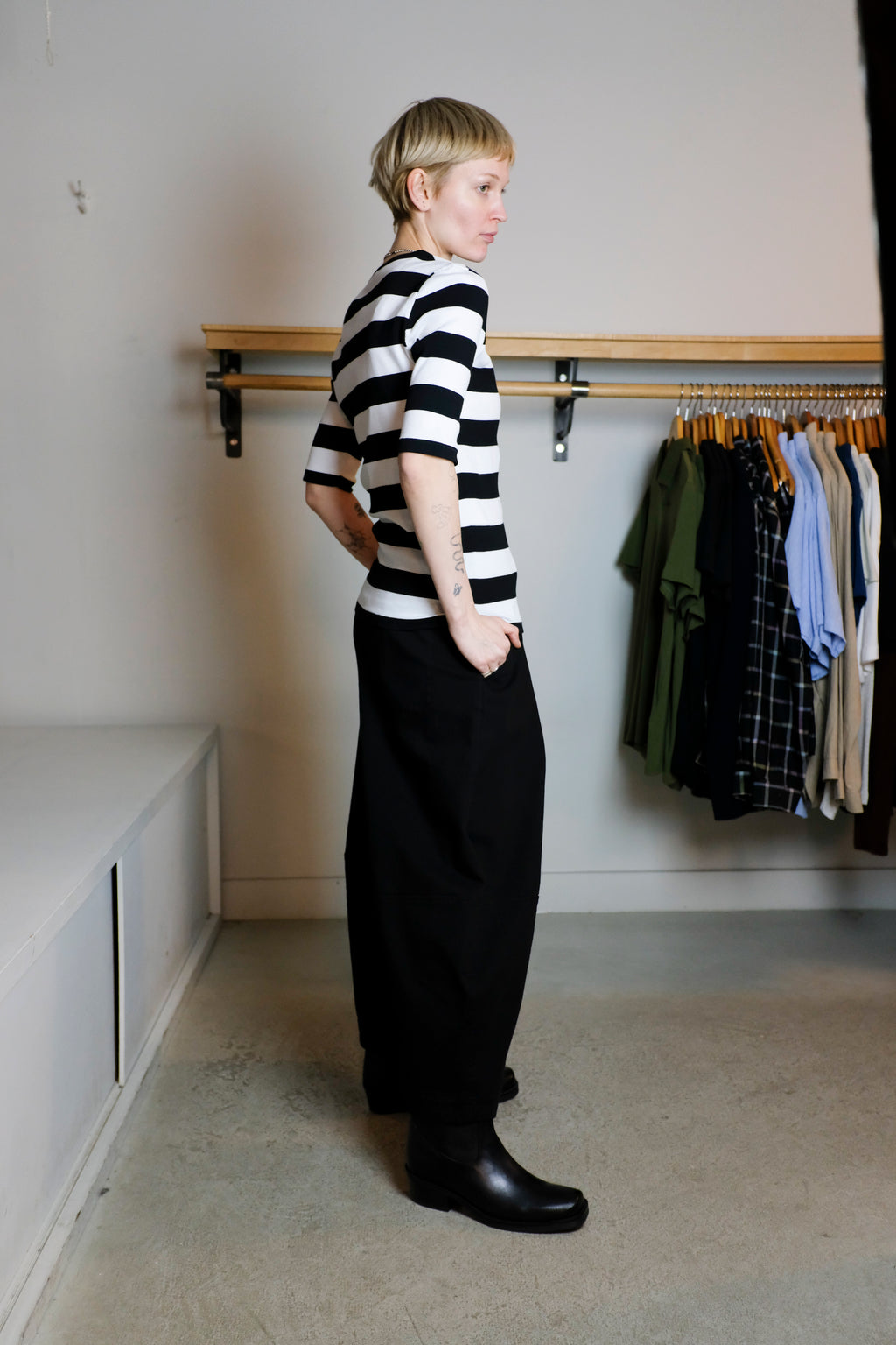 YMC - Charlotte Short Sleeve Top - Black/White Stripes - Side