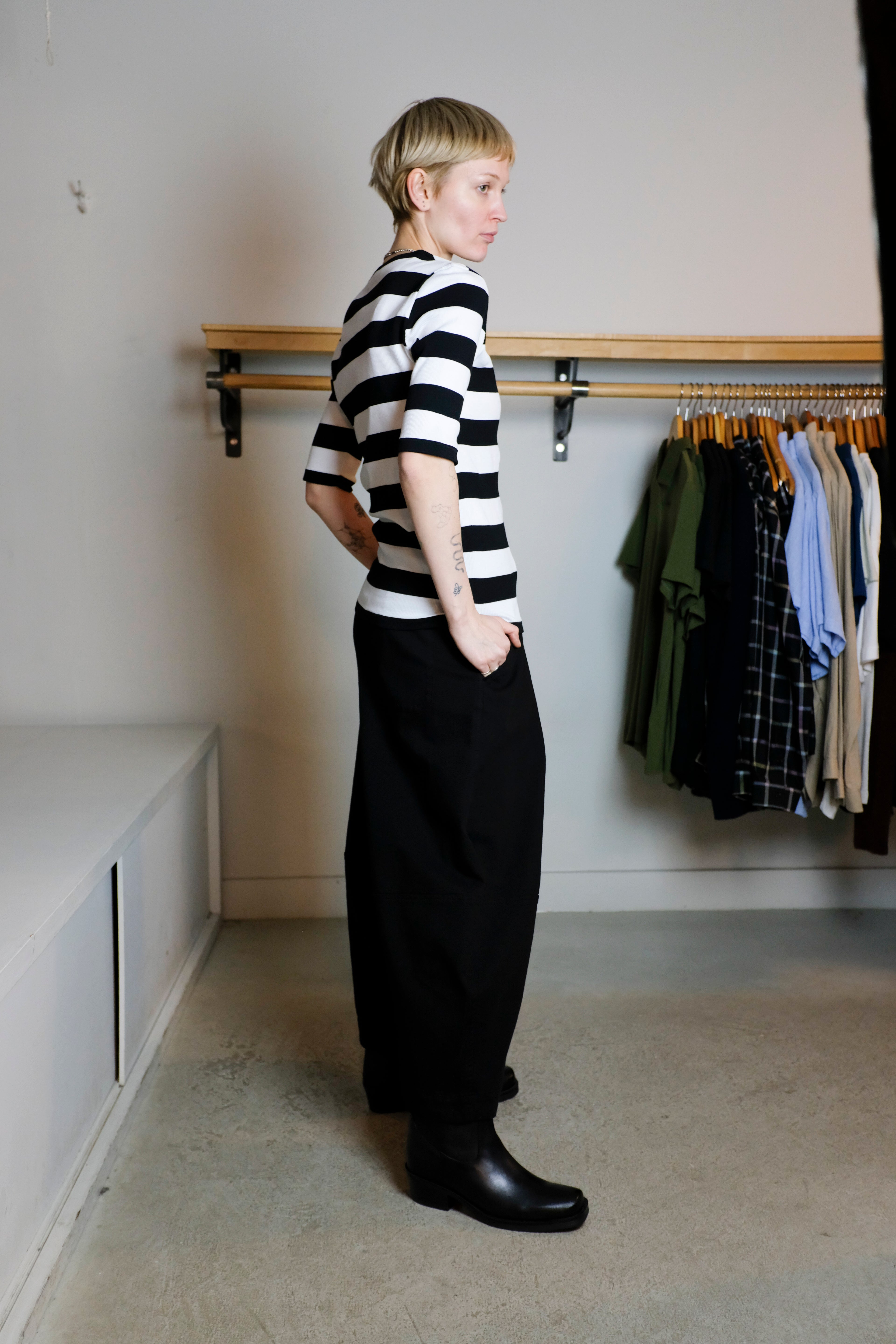 YMC - Charlotte Short Sleeve Top - Black/White Stripes - Side