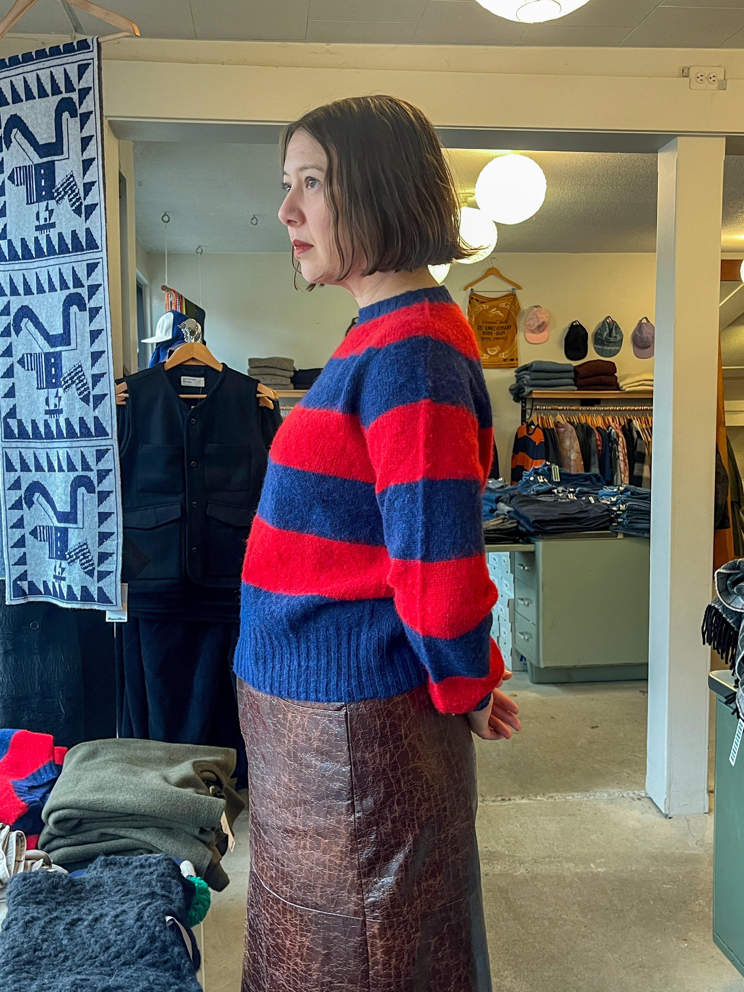 YMC - Jets Stripes Sweater - Blue/Red Stripes - side