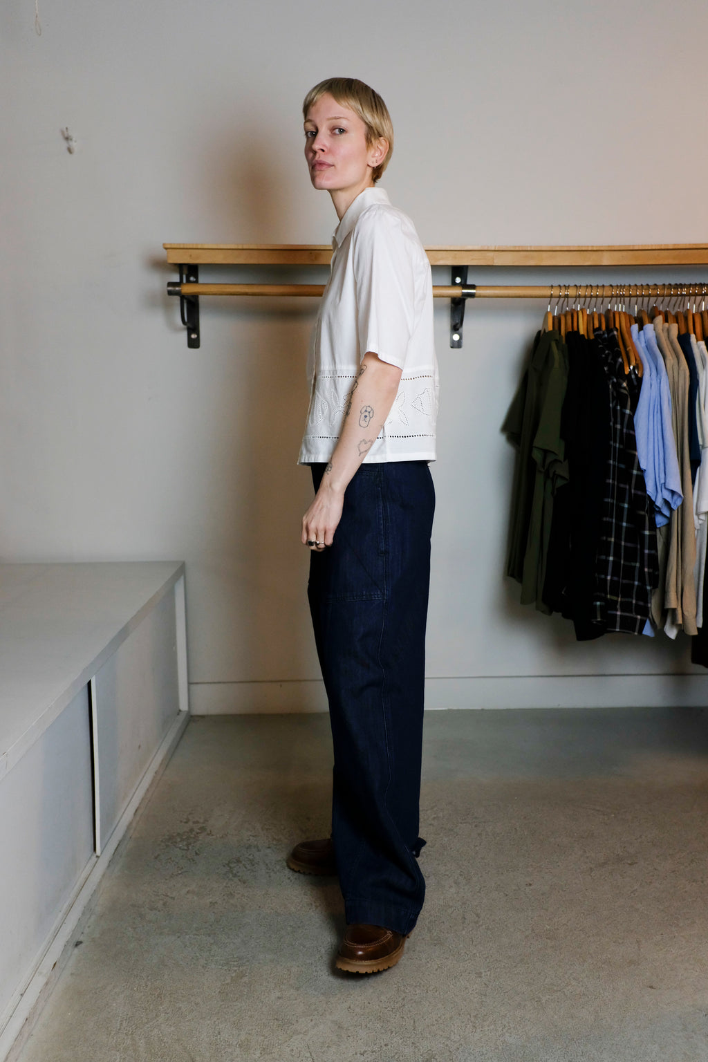 YMC - Peggy Trouser - Indigo Denim - Side 
Thinking Mu - Ane Blouse - White Vainica - Side