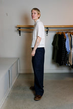 YMC - Peggy Trouser - Indigo Denim - Side 
Thinking Mu - Ane Blouse - White Vainica - Side