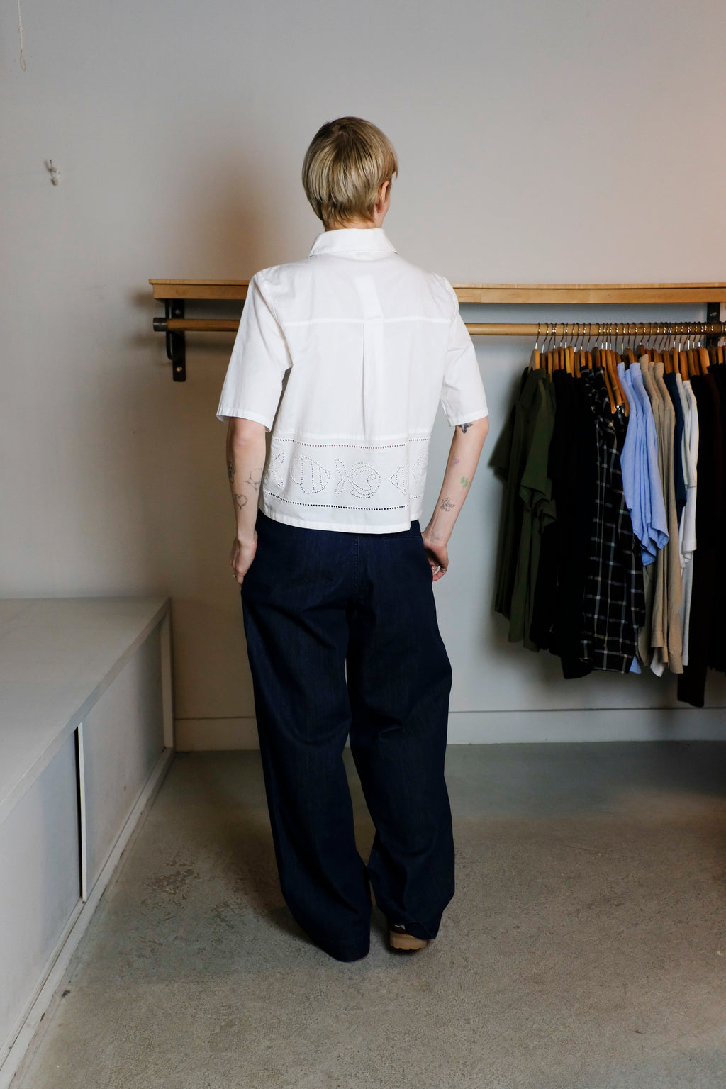 YMC - Peggy Trouser - Indigo Denim - Back
Thinking Mu - Ane Blouse - White Vainica - Back