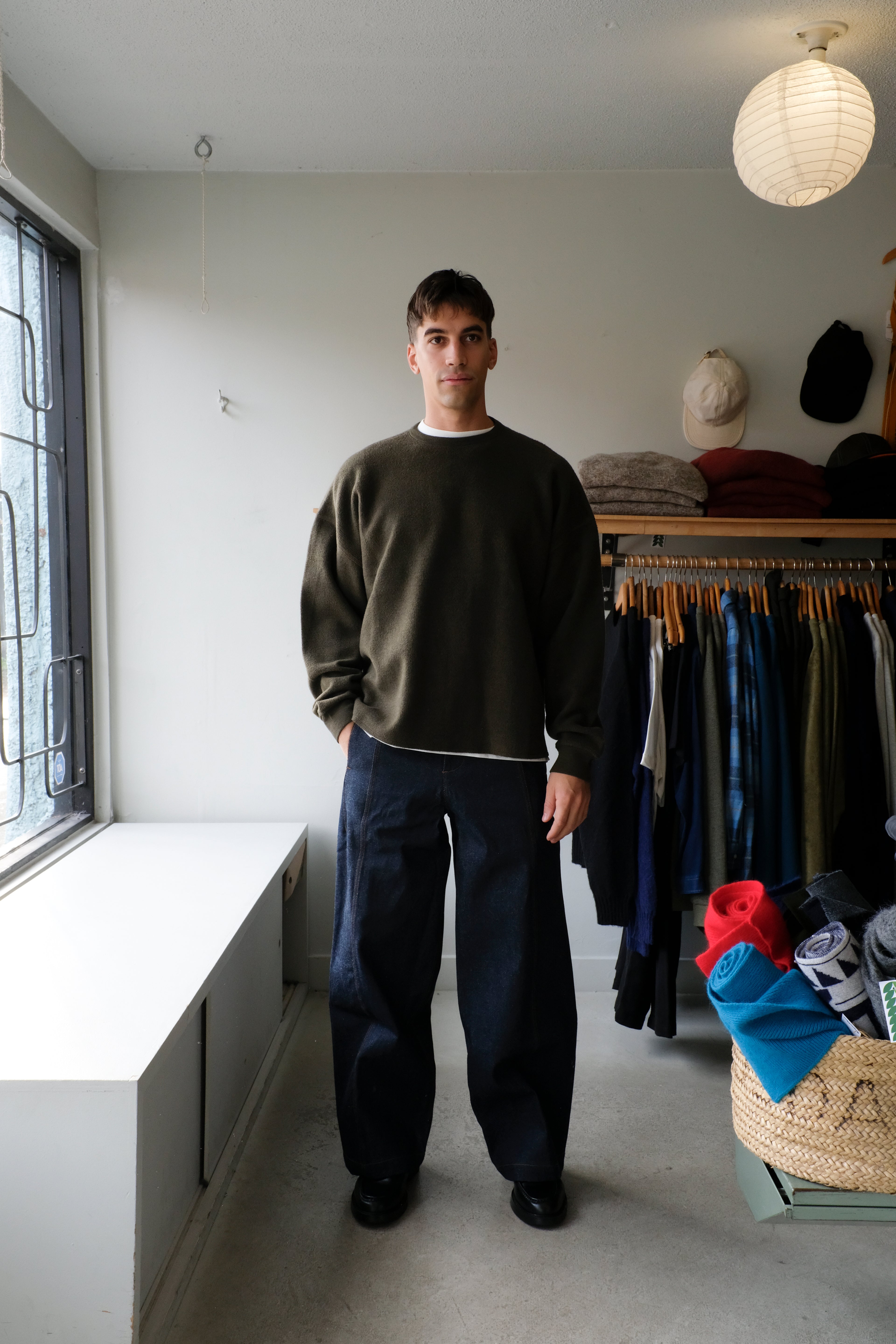 YMC - Studio Sweatshirt - Dark Green - flat front on male model