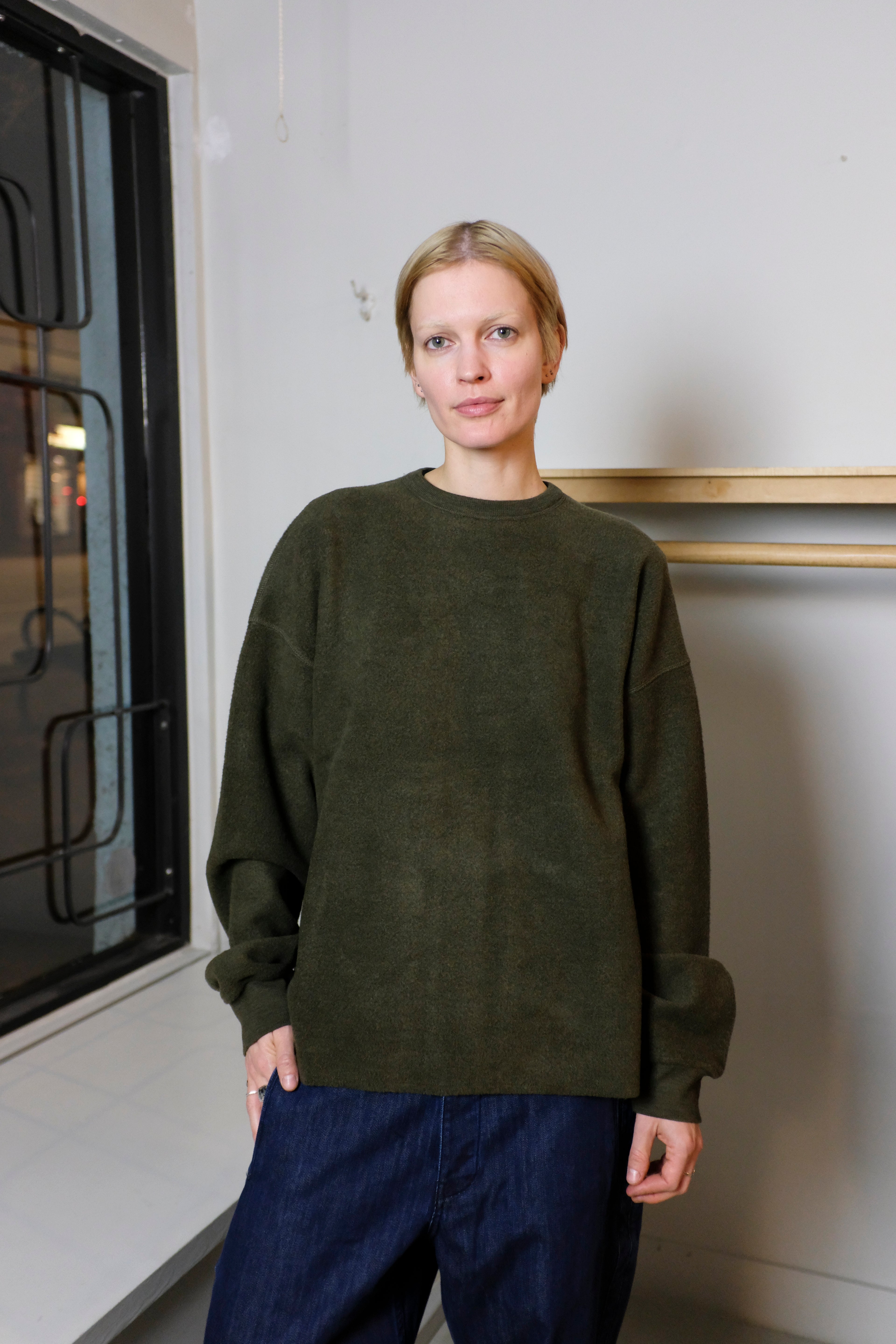 YMC - Studio Sweatshirt - Dark Green - flat front on female model