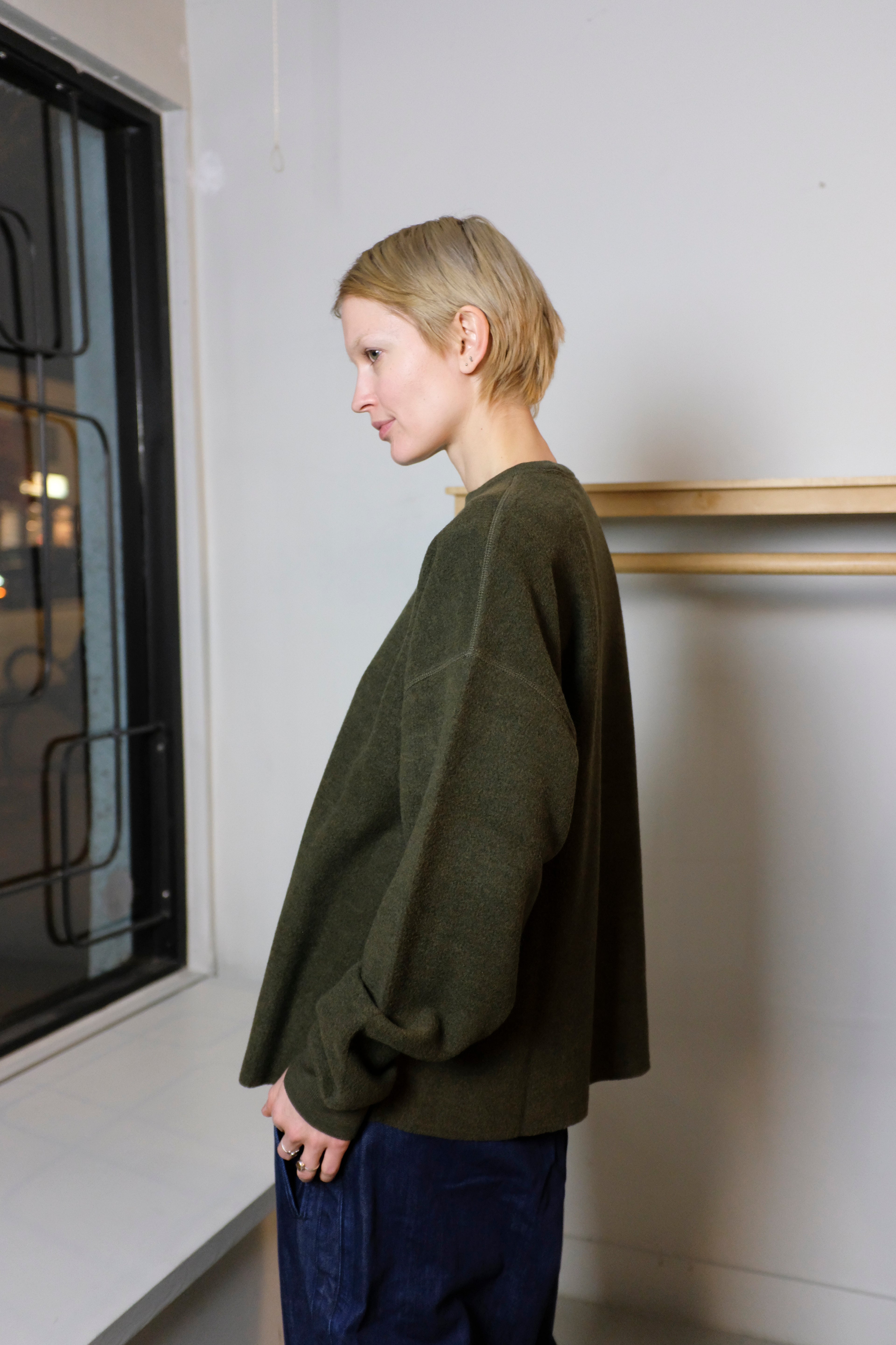 YMC - Studio Sweatshirt - Dark Green - flat side on female model