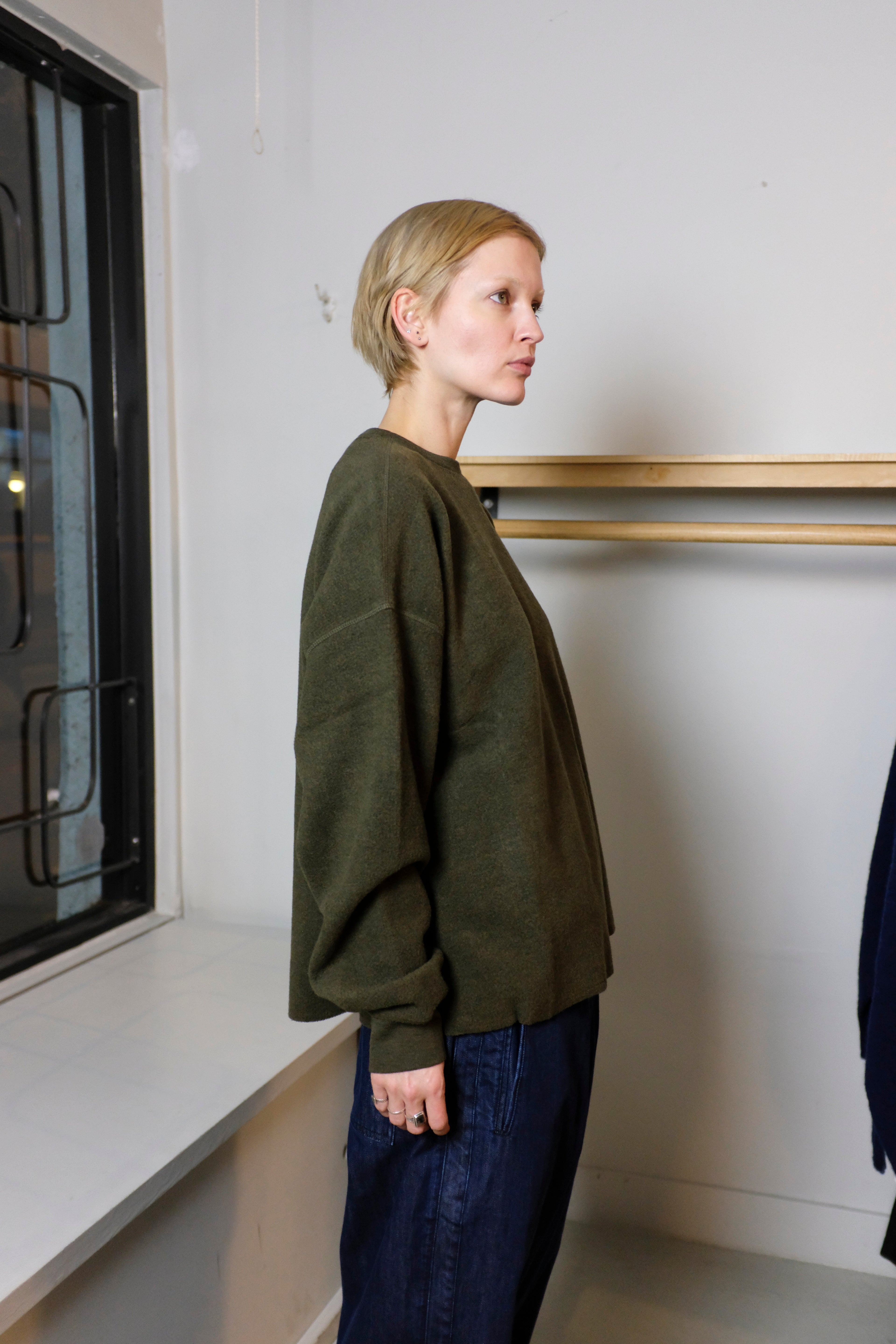 YMC - Studio Sweatshirt - Dark Green - flat side on female model