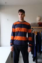 YMC - Tab Stripe Longsleeve T-Shirt - Navy/Spice - flat front