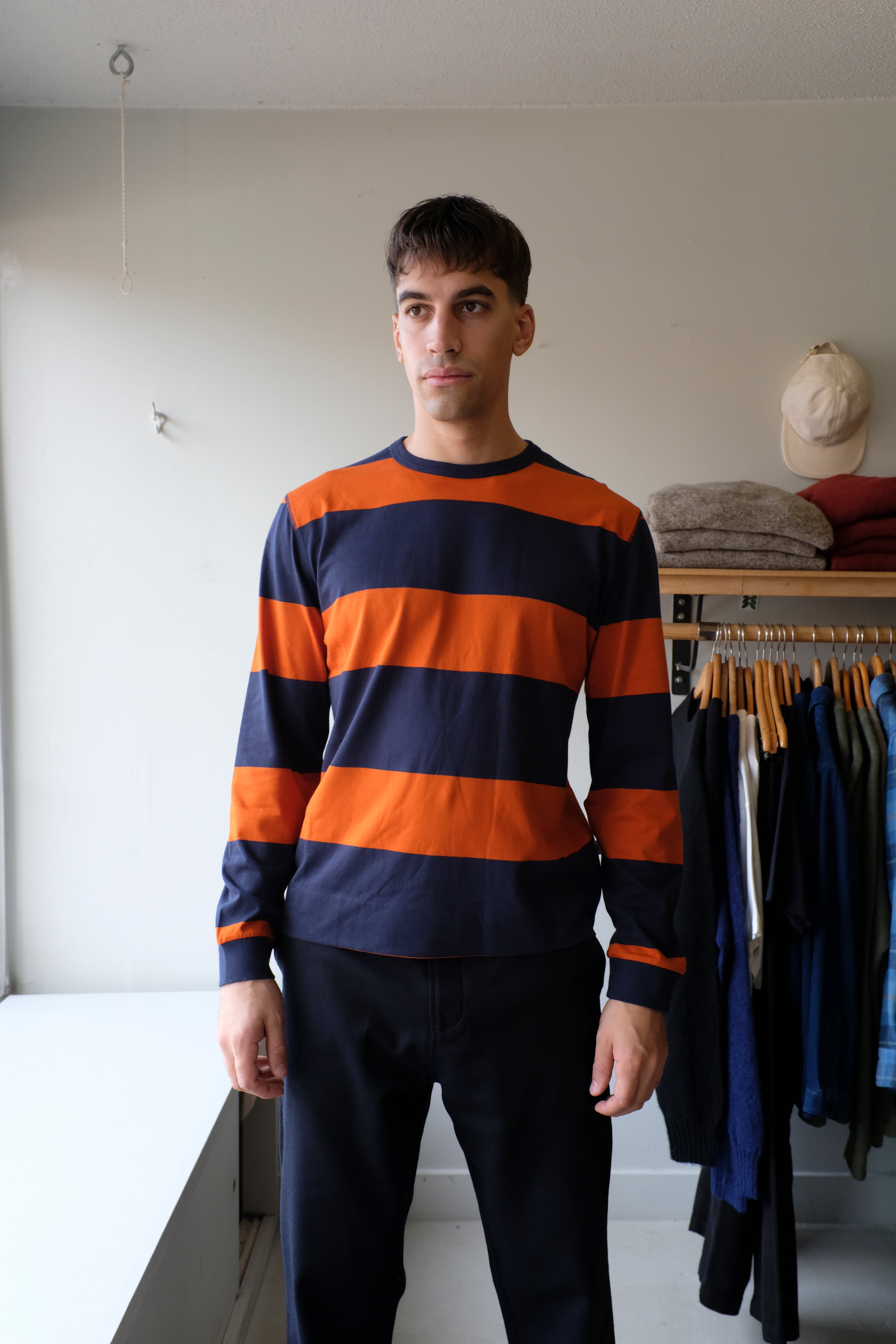YMC - Tab Stripe Longsleeve T-Shirt - Navy/Spice - flat front