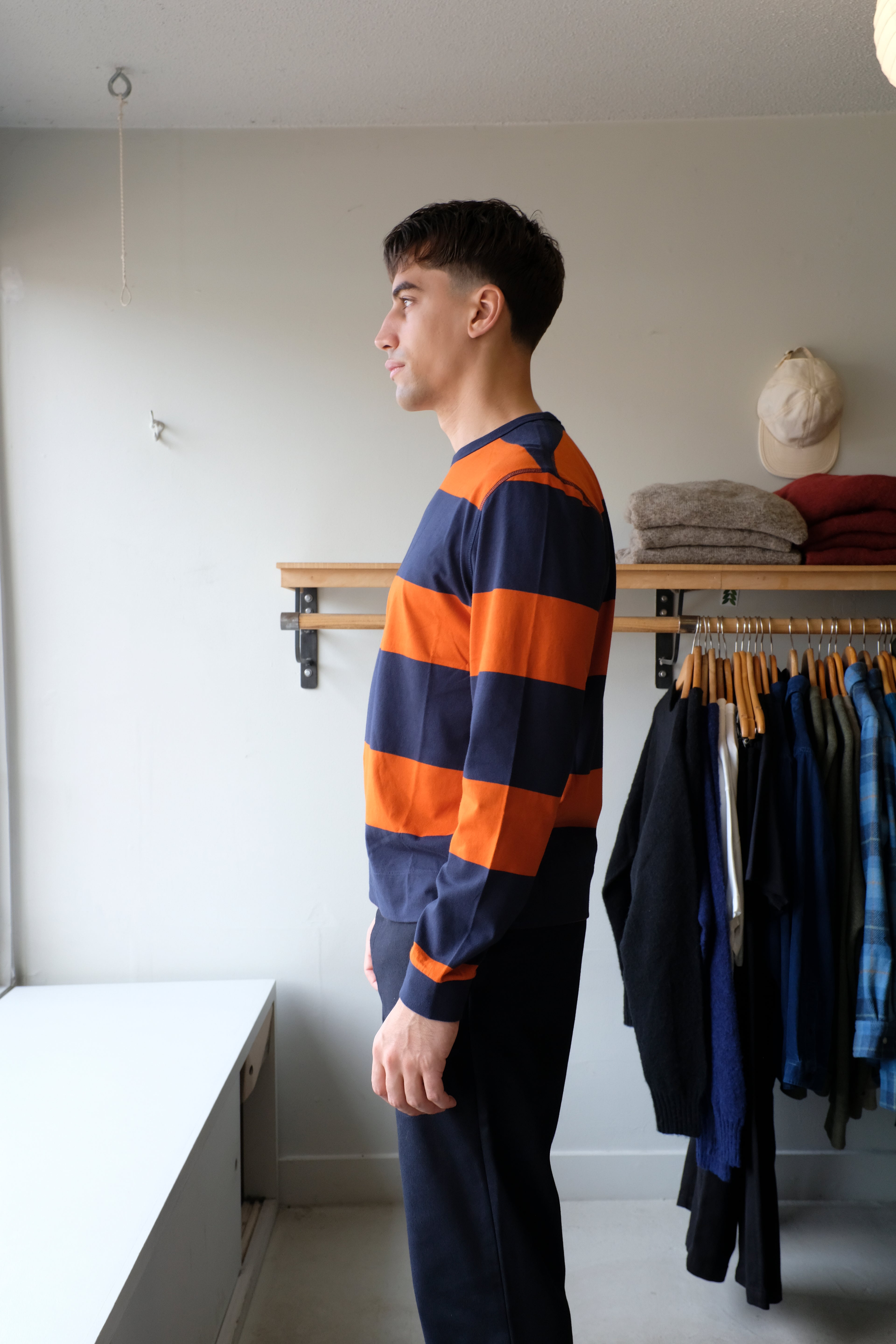 YMC - Tab Stripe Longsleeve T-Shirt - Navy/Spice - flat side