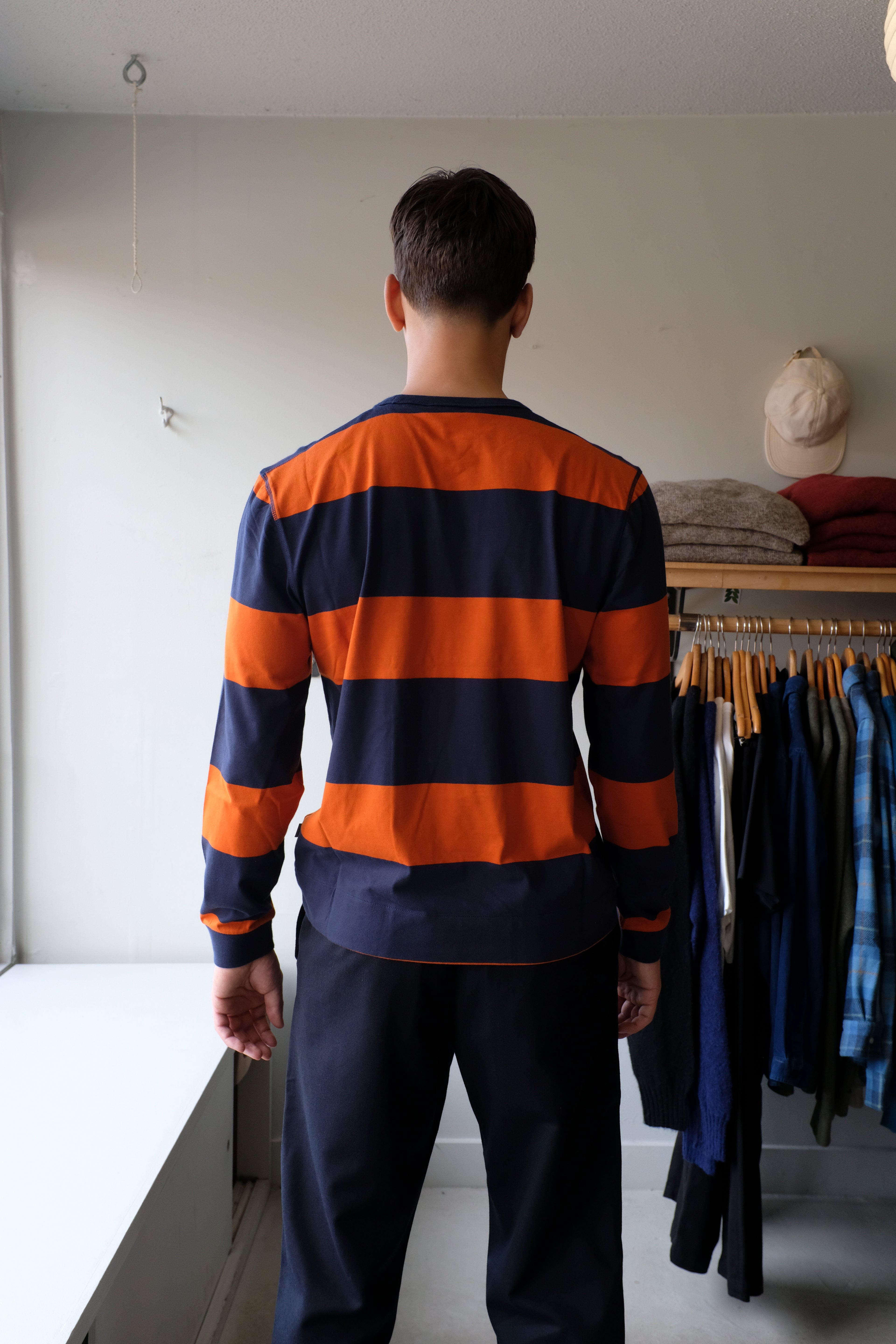 YMC - Tab Stripe Longsleeve T-Shirt - Navy/Spice - flat back