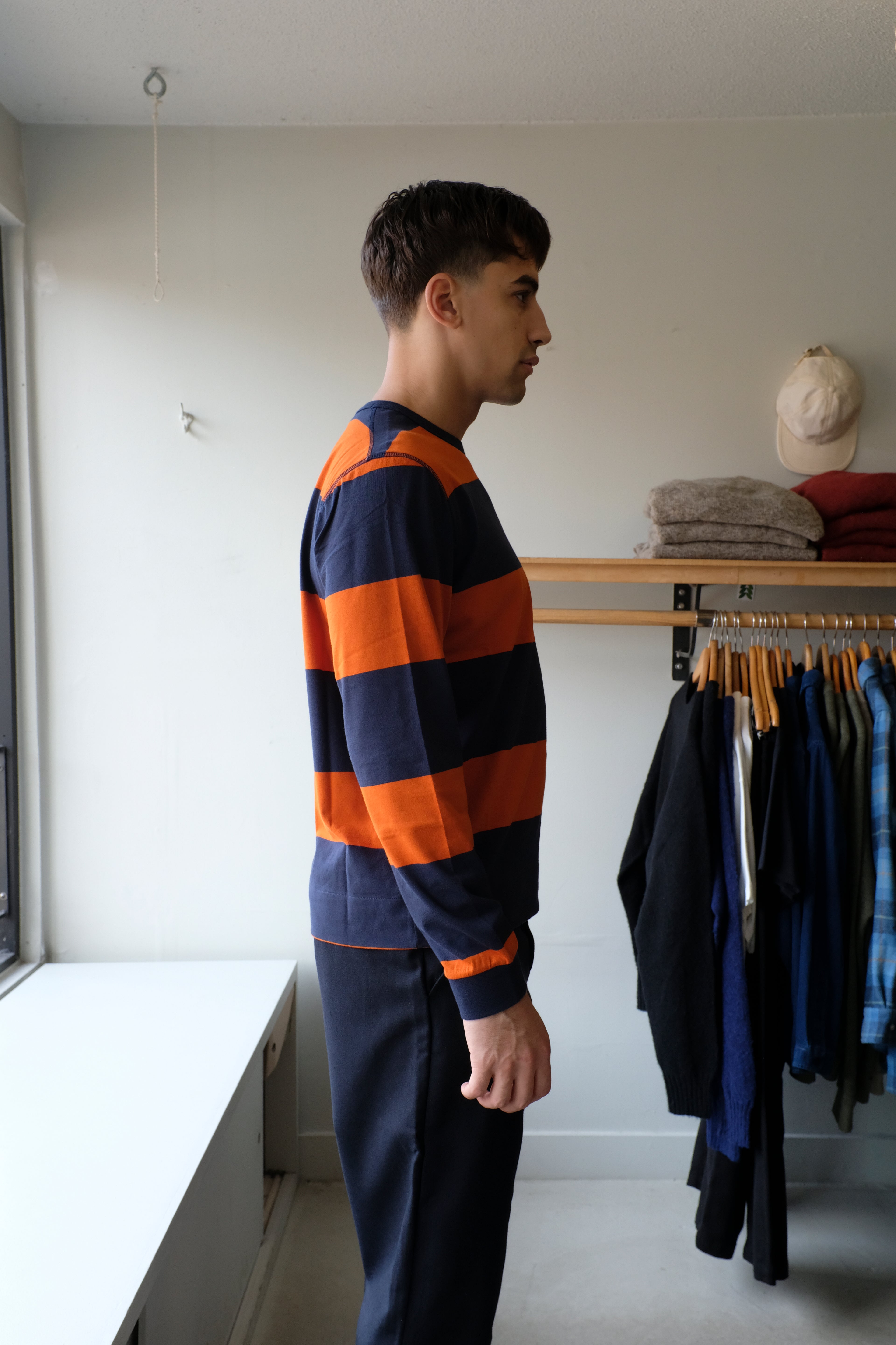 YMC - Tab Stripe Longsleeve T-Shirt - Navy/Spice - flat side