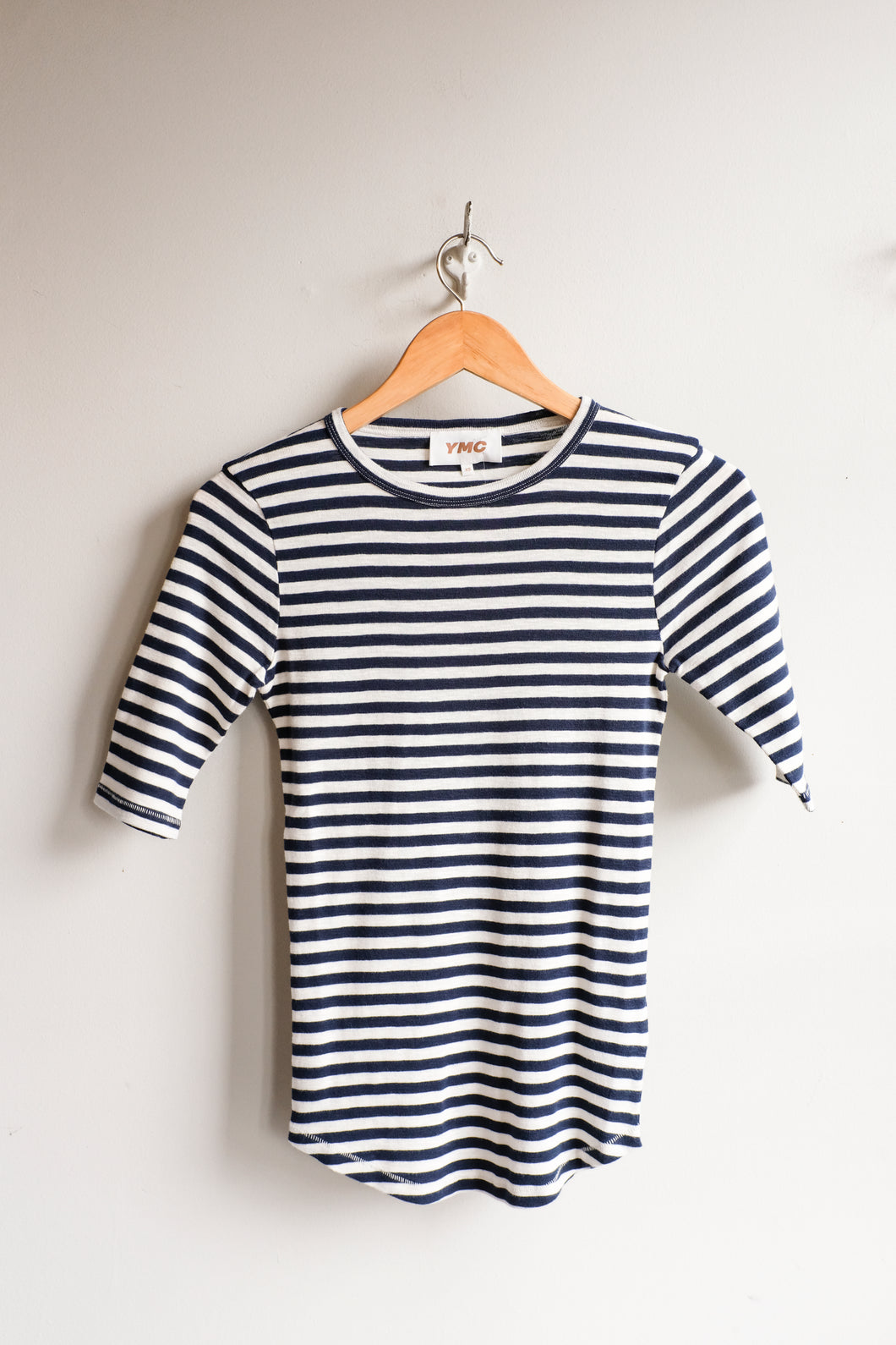 YMC - Charlotte Short Sleeve Top - Navy/White - flat front