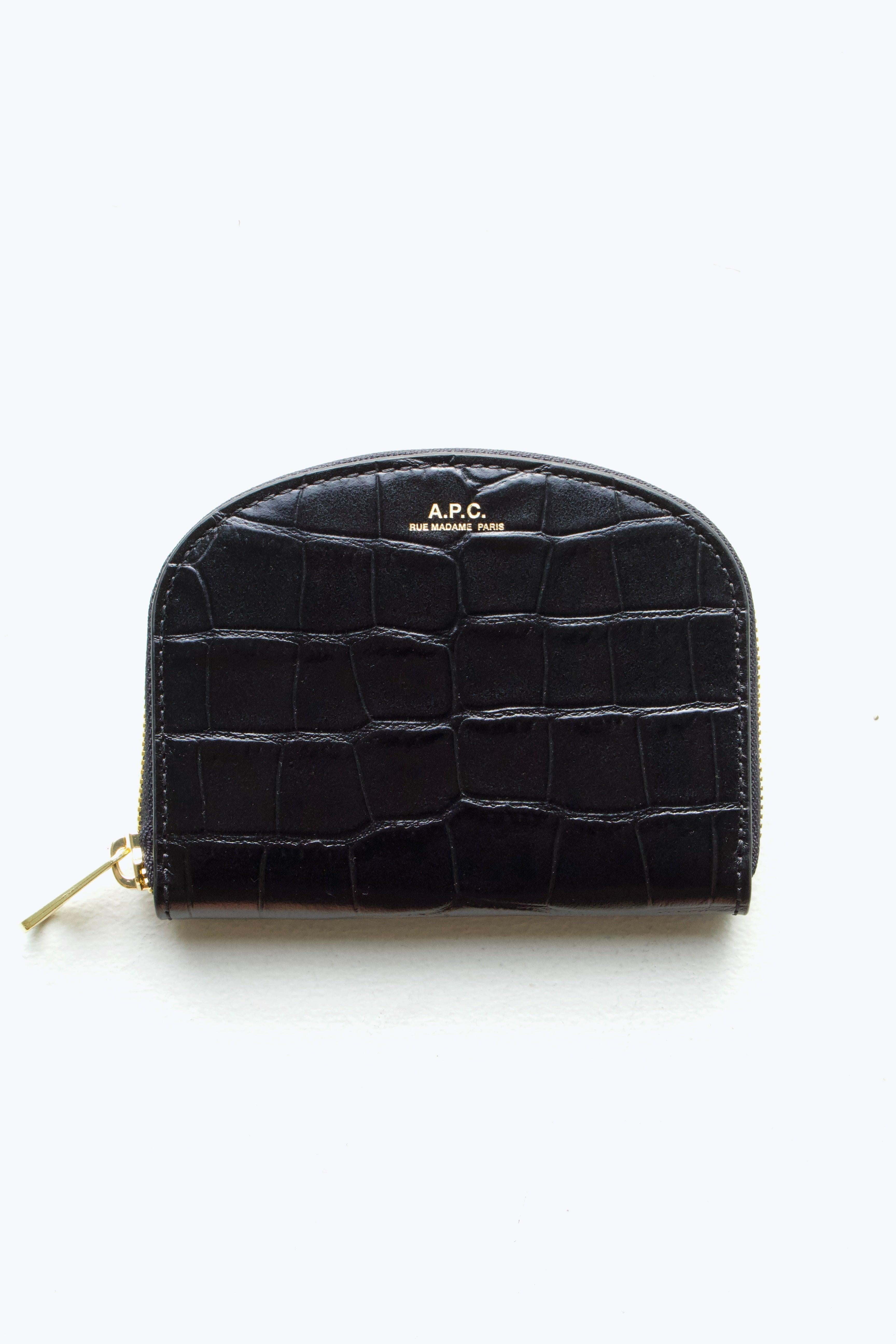 A.P.C Demi-Lune Coin wallet in Black Crocodile: this wallet is cow leather embossed to look like gator skin, it is in a true onyx black colour and finished in a slightly glossy texture