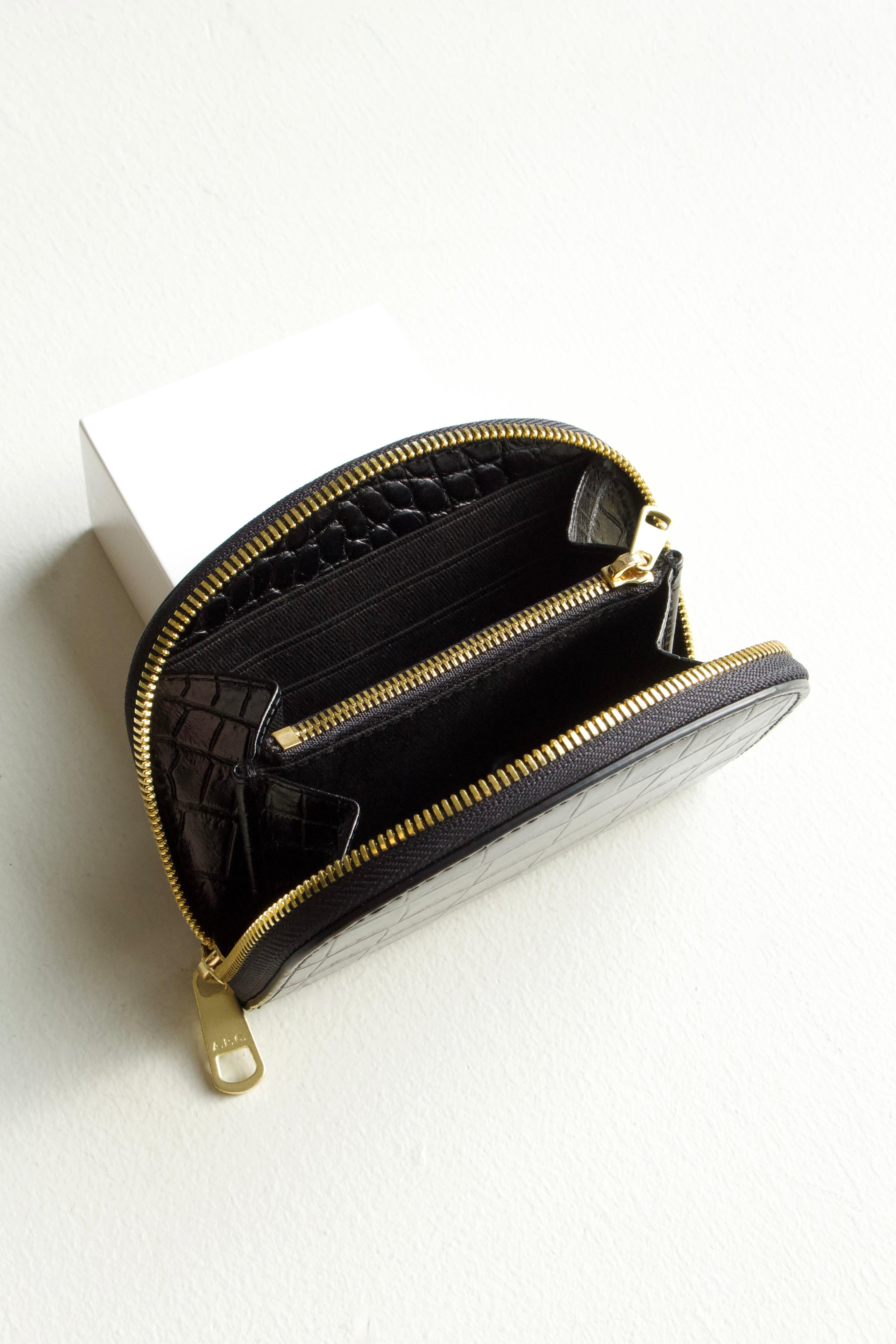A.P.C Demi-Lune Coin wallet in Black crocodile: this is a detail shot of the open wallet, it shows the inner zip closure pouch as well as the card slot storage on the sides