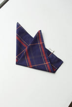 Load image into Gallery viewer, A handmade cotton/linen handkercheif featuring a deep navy colour and simple plaid pattern

