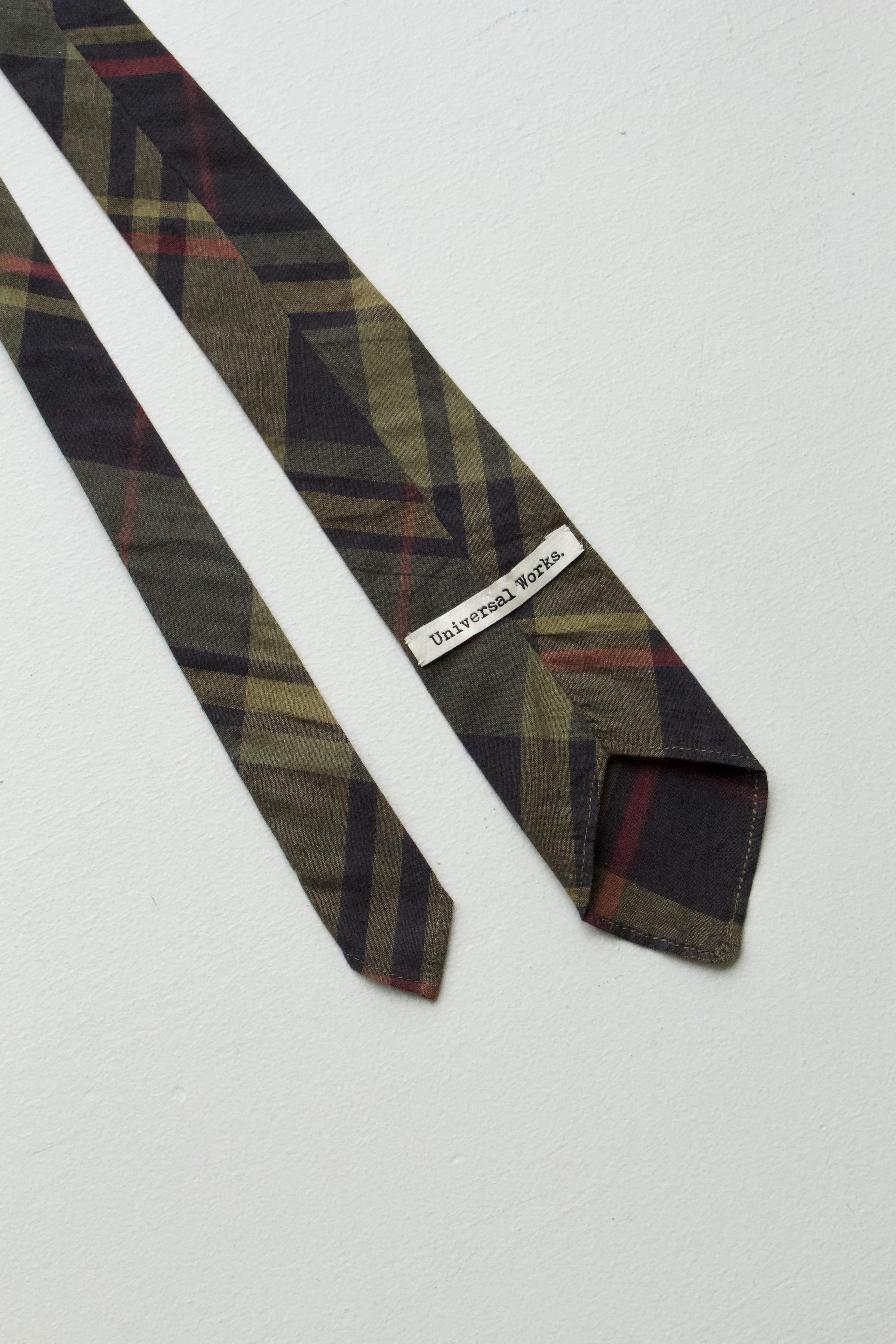 A close up of the underside of the green plaid tie - this tie is unlined 