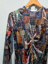Load image into Gallery viewer, Allison Wonderland - Delfina Dress - Houses Print - front closeup of print and ruching detail

